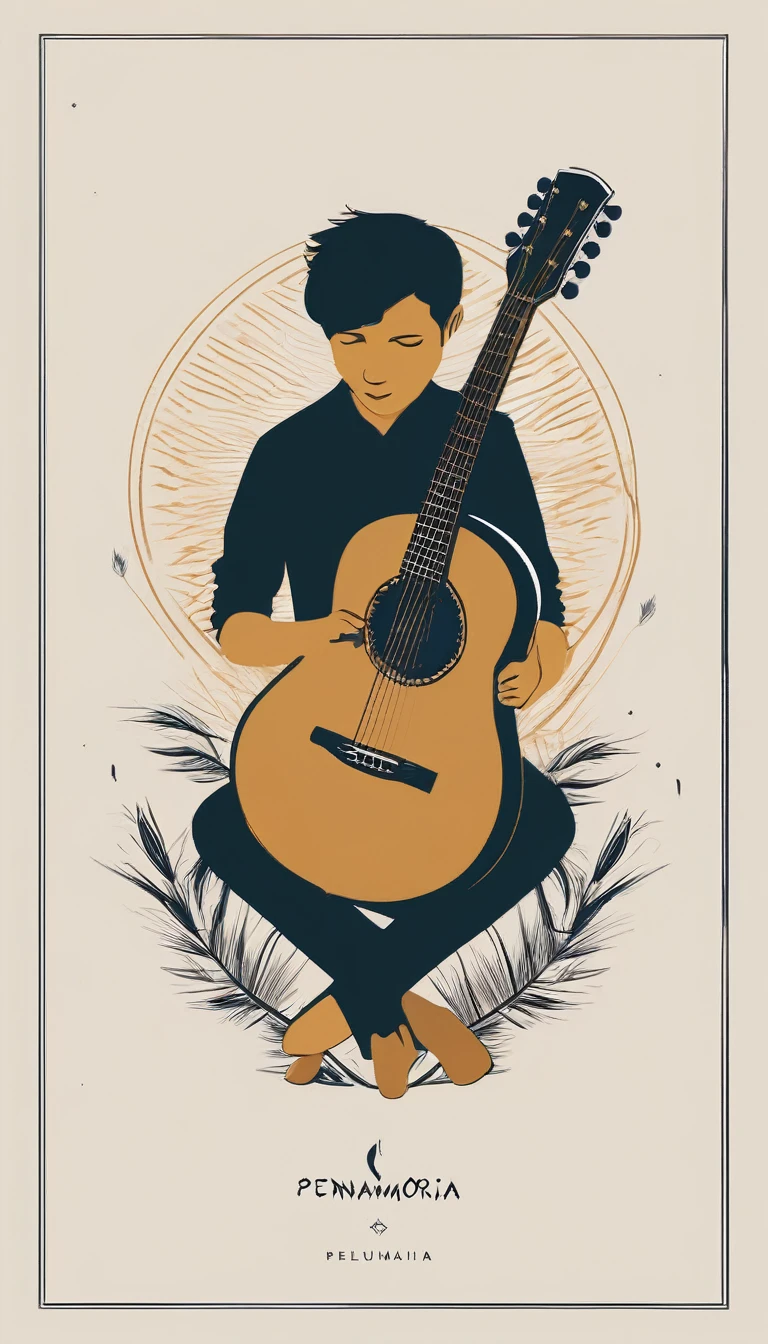 A minimal, modern, simple, cinematic logotype for the brand “Penamemoria". The logotype must be a simple, magical feather and a boy playing acoustic guitar. The logo must convey a sense of music, stories and dreams. Logo design impressed on a book cover. Minimalistic logo
