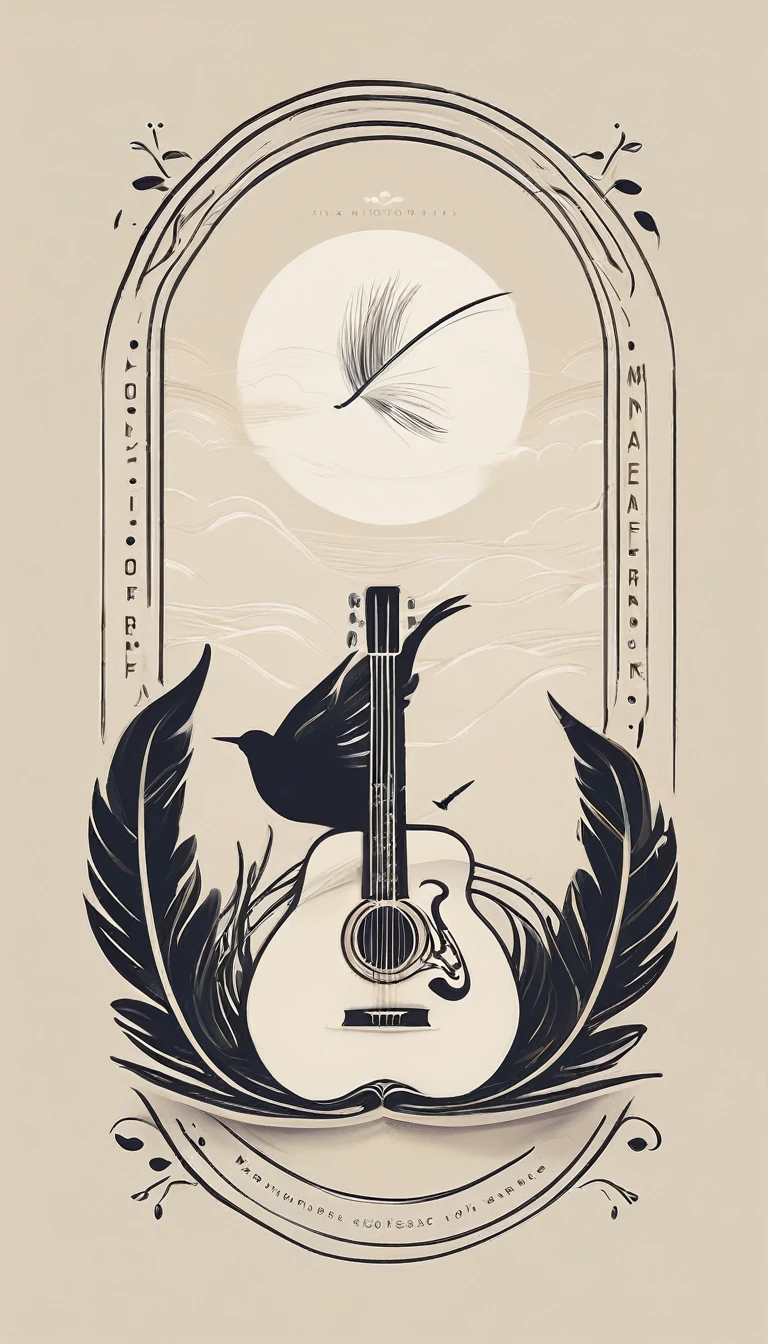 A minimal, modern, simple, cinematic logotype for the brand “Penamemoria". The logotype must be a simple, magical feather and a boy playing acoustic guitar. The logo must convey a sense of music, stories and dreams. Logo design impressed on a book cover. Minimalistic logo
