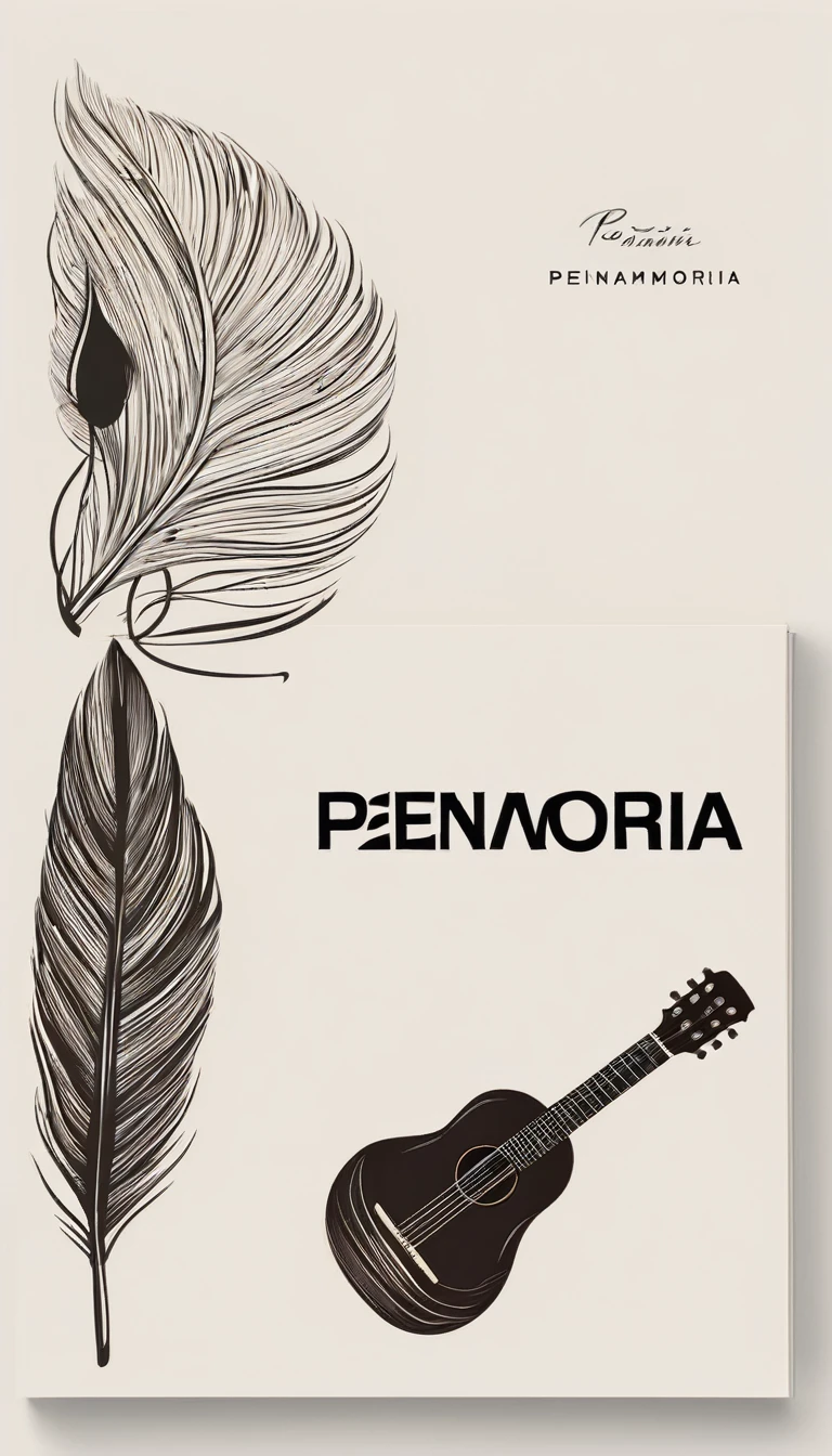 A minimal, modern, simple, cinematic logotype for the brand “Penamemoria". The logotype must be a simple, magical feather and a boy playing acoustic guitar. The logo must convey a sense of music, stories and dreams. Logo design impressed on a book cover. Minimalistic logo