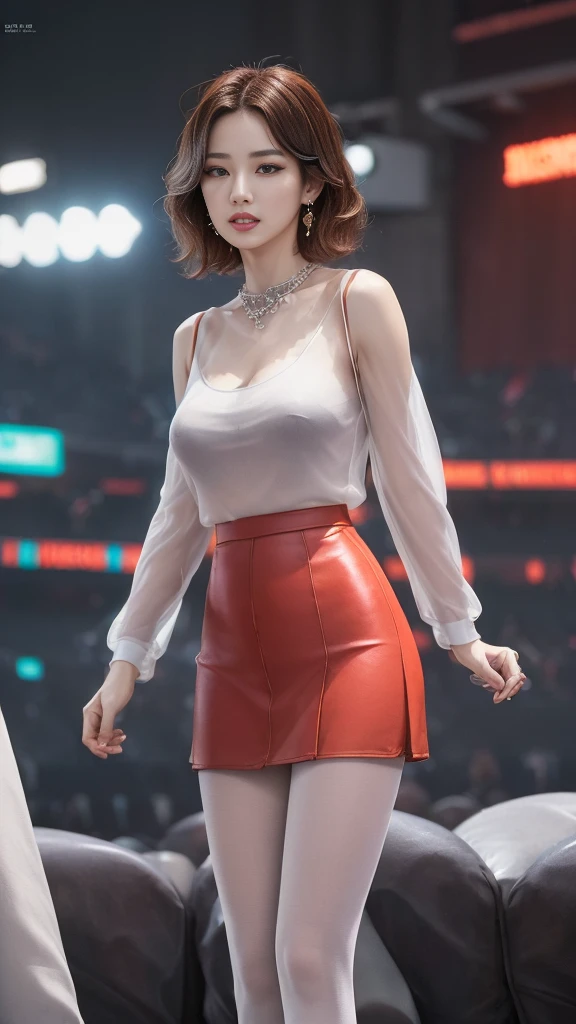 8K, masterpiece, RAW photos, best quality, Reality, extremely detailed CG unity 8K wallpaper, Depth of Field, light, lens flare, Ray Tracing, (Extremely beautiful face, Beautiful lips, beautiful eyes), Complex facial details, ((Ultra-delicate skin)) 1 Girl, in the darkness, Deep Shadows, Beautiful Korean girl, Korean Idol,(Very slim slender fit-muscled body:1.3), ((Looking at the audience)),(A bright smile:1.3), (Fashion City Night, (Neon), (Blurred background), midnight, (nobody), (背景中nobody:1.3), Beautiful Korean girl, White Diamond Earrings, Diamond Bracelet, Deya Necklace, Pantyhose, Clear eyes, walk , front Photo, (Pale skin), Facing forward, (big eyes), full-body shot, ((see through, White top)), ((Red Skirt :1.3)), (Brown hair) (Looking at the audience:1.3), (Lace), Very slim, Medium breasts, Hermès bag