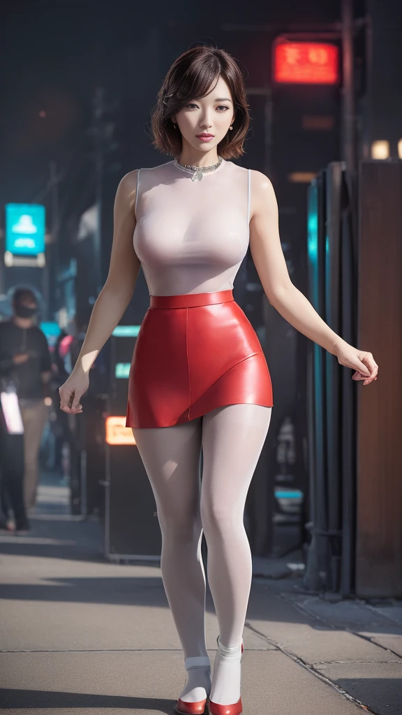 8K, masterpiece, RAW photos, best quality, Reality, extremely detailed CG unity 8K wallpaper, Depth of Field, light, lens flare, Ray Tracing, (Extremely beautiful face, Beautiful lips, beautiful eyes), Complex facial details, ((Ultra-delicate skin)) 1 Girl, in the darkness, Deep Shadows, Beautiful Korean girl, Korean Idol,(Very slim slender fit-muscled body:1.3), ((Looking at the audience)),(A bright smile:1.3), (Fashion City Night, (Neon), (Blurred background), midnight, (nobody), (背景中nobody:1.3), Beautiful Korean girl, White Diamond Earrings, Diamond Bracelet, Deya Necklace, Pantyhose, Clear eyes, walk , front Photo, (Pale skin), Facing forward, (big eyes), full-body shot, ((see through, White top)), ((Red Skirt :1.3)), (Brown hair) (Looking at the audience:1.3), (Lace), Very slim, Medium breasts, Hermès bag