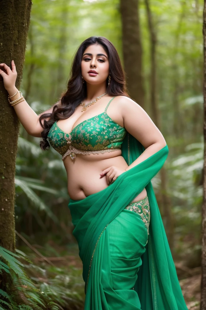 1 Heavenly beautiful and goddess beauty cute and sweet looking face Arabian woman in front of green forest, Heavenly beautiful Overweight, Heavenly beautiful Extremely fat, Heavenly beautiful and attractive Chubby figure , Heavenly beautiful looking and eye catching luxury style saree , reaching out, Heavenly beautiful Arabian woman, 16k, High resolution, masterpiece, highest quality, fine skin, close up figure view, Realistic Photograph