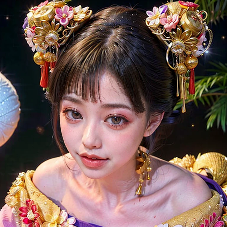 (PUNIPUNI clavicle KIMONO ((offshoulder)) KANZASHI FlowerHairpins Topknot TwinBun Oiran-Hair)High-level, 8K Masterpiece TopQuality, Ultra-detailed CG, Absurd detailed wallpaper, PerfectLighting, Extremely detailed (((Personifying " OIRAN " as a KAWAII Girl))), Characteristic Items, aesthetic LifeLike Rendering, MysticSight, Haze Tyndall Scattering, (Studio DARK Background with (Oodles Dazzling Iridescent 🌈Particles (BokeH))), (((Assfocus)) RoundlyButt) ThighGap, (Exposed:0.44) 🔞 BREAK (Acutance:0.8), (NOGIZAKA FaceVariations) Extremely Detailed very KAWAII FaceVariations, Childish CaptivatingGaze ElaboratePupils ParfectEyes with (SparklingHighlights:1.28), (Voluminous LongEyelashes:0.88), 💄💋✨ GlossyRedLips with BeautifulDetails, CoquettishTongue, PUNIPUNI RosyCheeks, Radiant PearlSkin with Transparency, Glowing DowneyHair . { (Dynamic LifeLike expressions:1.4) | (:d) }, (large eyes:-1) .