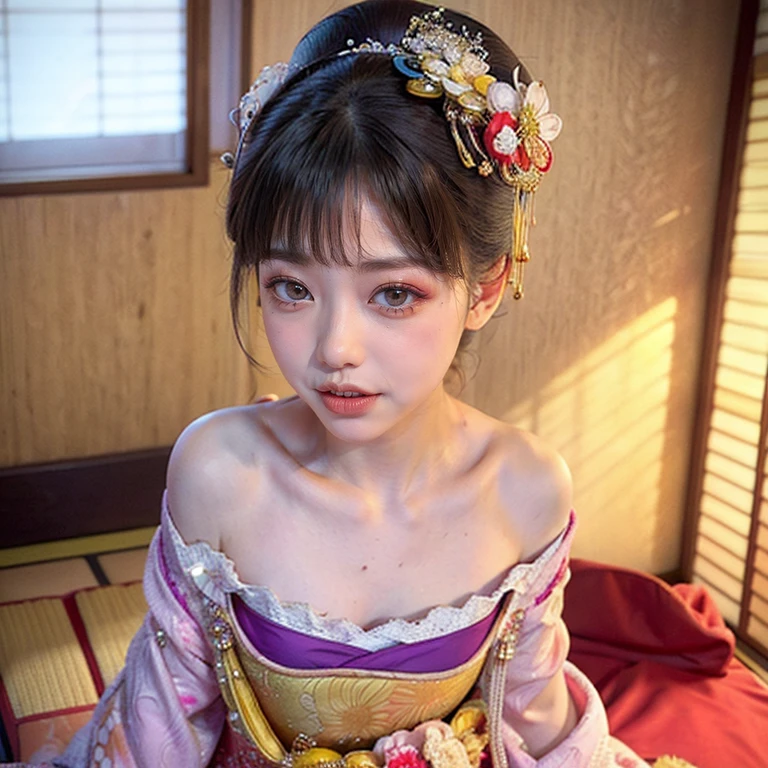 (PUNIPUNI clavicle KIMONO ((offshoulder)) KANZASHI FlowerHairpins Topknot TwinBun Oiran-Hair)High-level, 8K Masterpiece TopQuality, Ultra-detailed CG, Absurd detailed wallpaper, PerfectLighting, Extremely detailed (((Personifying " OIRAN " as a KAWAII Girl))), Characteristic Items, aesthetic LifeLike Rendering, MysticSight, Haze Tyndall Scattering, (Studio DARK Background with (Oodles Dazzling Iridescent 🌈Particles (BokeH))), (((Assfocus)) RoundlyButt) ThighGap, (Exposed:0.44) 🔞 BREAK (Acutance:0.8), (NOGIZAKA FaceVariations) Extremely Detailed very KAWAII FaceVariations, Childish CaptivatingGaze ElaboratePupils ParfectEyes with (SparklingHighlights:1.28), (Voluminous LongEyelashes:0.88), 💄💋✨ GlossyRedLips with BeautifulDetails, CoquettishTongue, PUNIPUNI RosyCheeks, Radiant PearlSkin with Transparency, Glowing DowneyHair . { (Dynamic LifeLike expressions:1.4) | (:d) }, (large eyes:-1) .