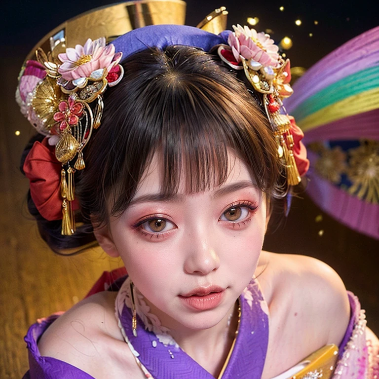 (PUNIPUNI clavicle KIMONO ((offshoulder)) KANZASHI FlowerHairpins Topknot TwinBun Oiran-Hair)High-level, 8K Masterpiece TopQuality, Ultra-detailed CG, Absurd detailed wallpaper, PerfectLighting, Extremely detailed (((Personifying " OIRAN " as a KAWAII Girl))), Characteristic Items, aesthetic LifeLike Rendering, MysticSight, Haze Tyndall Scattering, (Studio DARK Background with (Oodles Dazzling Iridescent 🌈Particles (BokeH))), (((Assfocus)) RoundlyButt) ThighGap, (Exposed:0.44) 🔞 BREAK (Acutance:0.8), (NOGIZAKA FaceVariations) Extremely Detailed very KAWAII FaceVariations, Childish CaptivatingGaze ElaboratePupils ParfectEyes with (SparklingHighlights:1.28), (Voluminous LongEyelashes:0.88), 💄💋✨ GlossyRedLips with BeautifulDetails, CoquettishTongue, PUNIPUNI RosyCheeks, Radiant PearlSkin with Transparency, Glowing DowneyHair . { (Dynamic LifeLike expressions:1.4) | (:d) }, (large eyes:-1) .