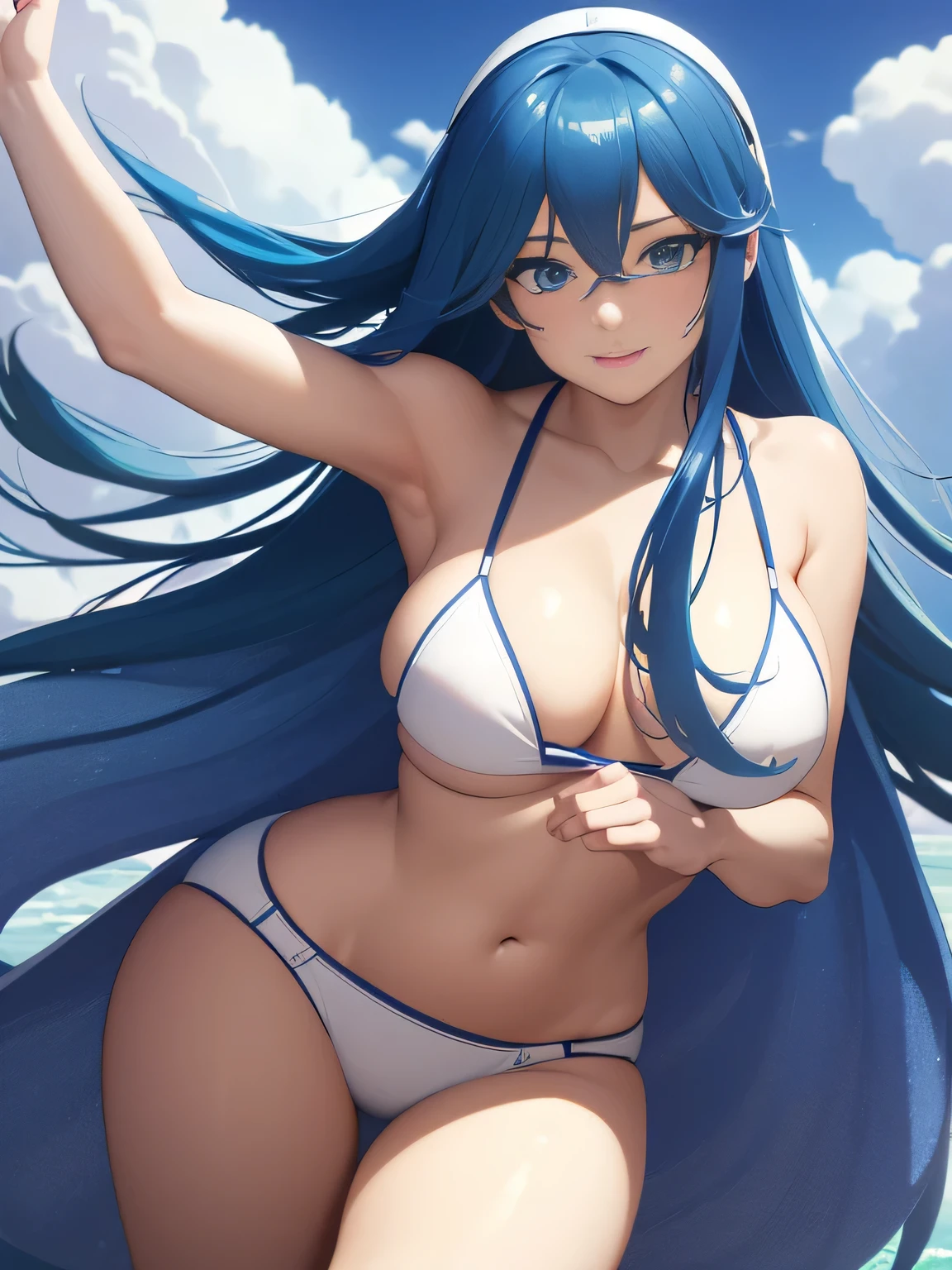 A gravure idol posing for a photoshoot, wearing a white bikini. The idol has a cheerful and confident expression, with her blue hair flowing in the wind. The image is in real style, capturing the beauty and charm of the gravure idol with vibrant colors and exaggerated features typical of anime art.background is a simple.
