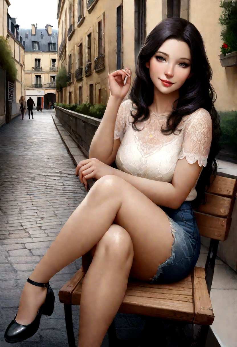1 Girl,(Black Hair Semi-Long)(Beautiful Hair), actress, smile, Shiny skin, Highest quality, masterpiece, (Realistic:1.4), Terrace seats, Europe, France, Paris, Denim mini skirt (Realistic Fabric), White short sleeve (Cotton), (No logo), Thin fingers, Not for use at work, M-shaped legs