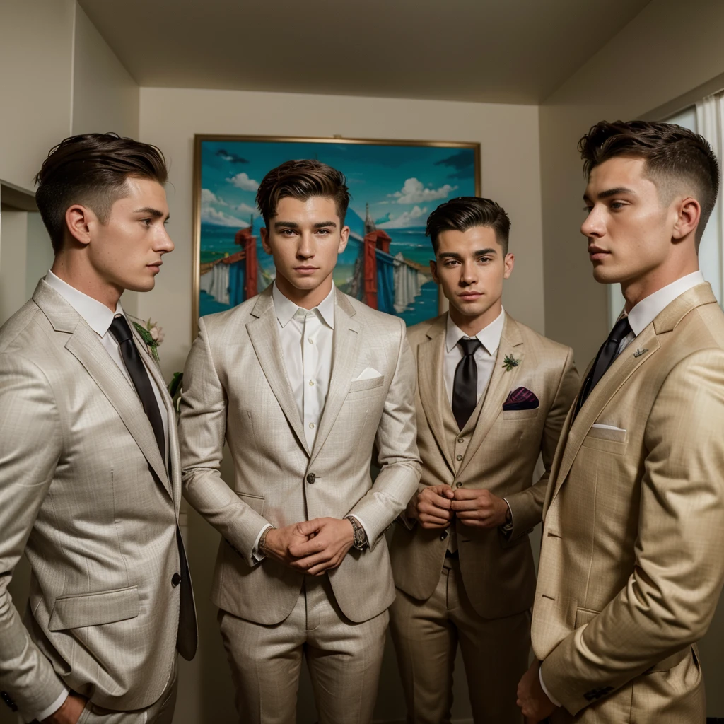 Three 25-year-old boys, with a masculine appearance, wearing a bright color cool suit , like groomsmen . The scene depicts a masterpiece of art, showcasing the boy's professional and wealthy lifestyle. The image is of the best quality, with ultra-detailed features. The color tone is rich and vibrant ,masterpiece, ultra realistic, detailed face, detailed fingers