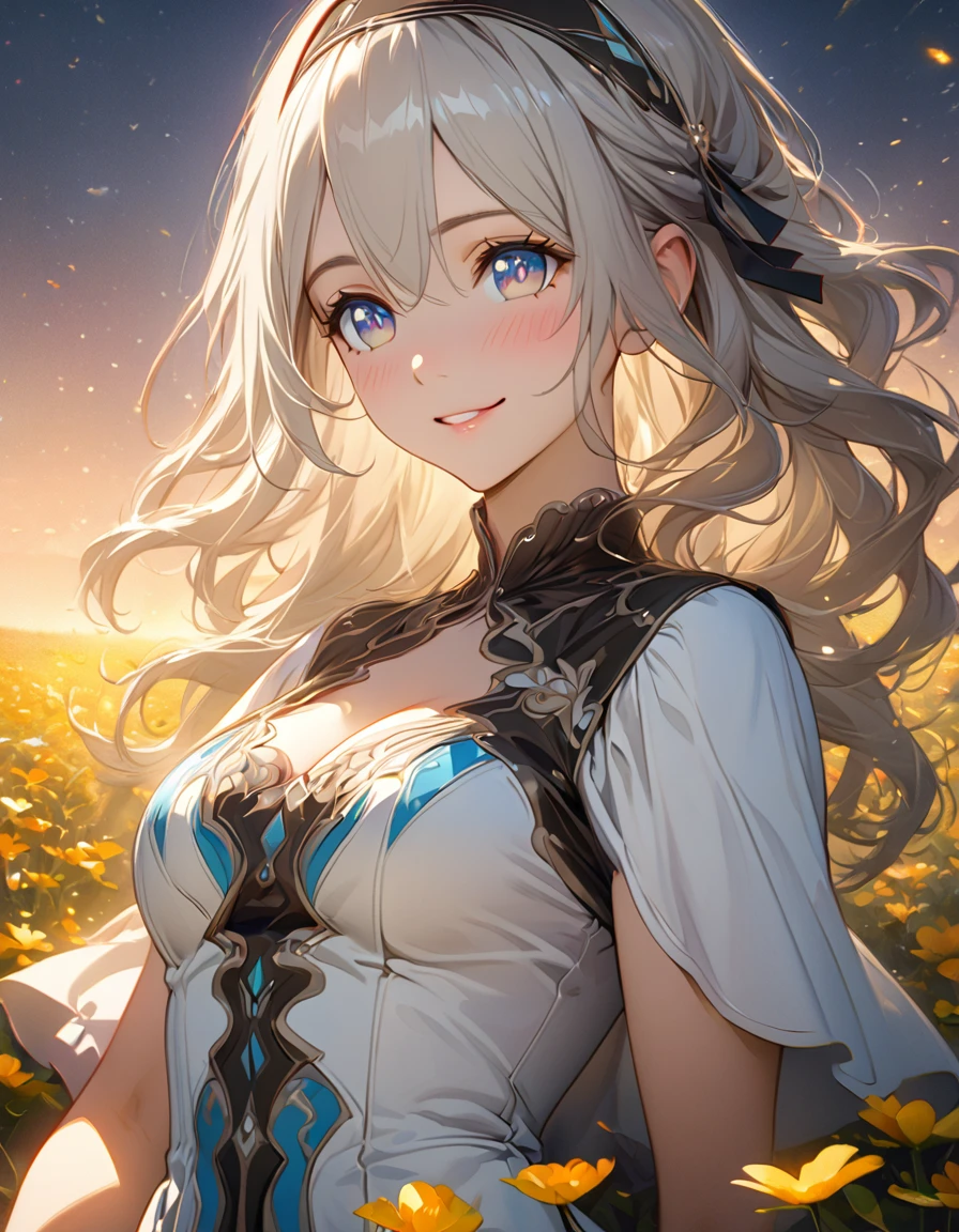 beautiful girl, long grey hair, beautiful face,smiling,close up to hips, beautiful moderate breast, in the middle of flowers field, (open mouth:0.4),illustration,detailed textures(realists),ultra-detailed,portrait style,vivid colors,soft lighting, blushing, mature, hair fluttering, evening light , head band, ((half body)), cleavage, wearing intricate dress, perky. ((side profile until hips))