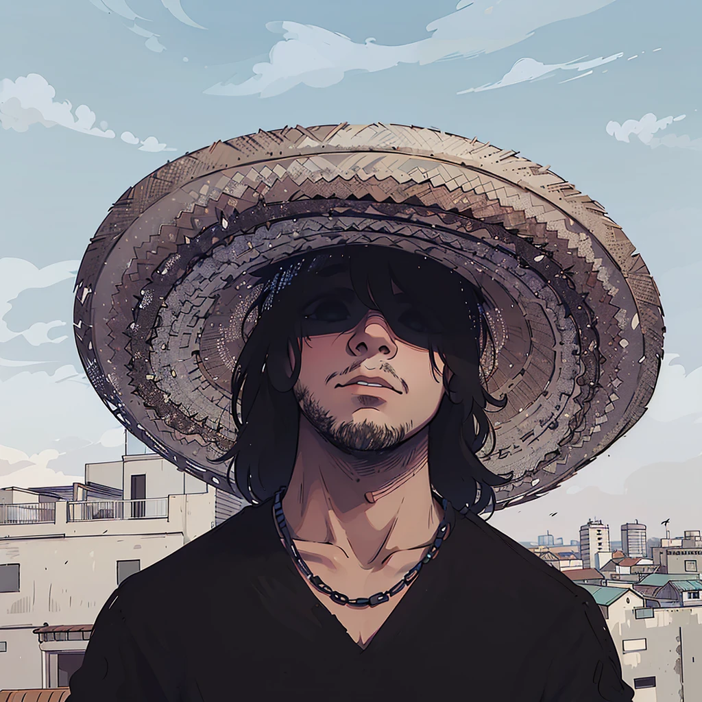 A man is standing outdoors under a clear blue sky with a few wispy clouds. He is wearing a large, woven straw sombrero that casts a shadow over his face, partially obscuring it. He has medium-length dark hair and is wearing dark sunglasses, giving him a mysterious and cool appearance. His expression is serious, with a slightly tilted head. He is dressed in a black shirt with a simple design and a black beaded necklace. The background shows a cityscape with several buildings, some with flat roofs and balconies, adding an urban feel to the scene. The lighting is natural daylight, highlighting the textures of the hat and the man's facial features while creating a contrast between the shadows and the bright sky. The overall style of the image is casual with a hint of ruggedness, and the color palette is dominated by neutral tones with accents of black and brown.
