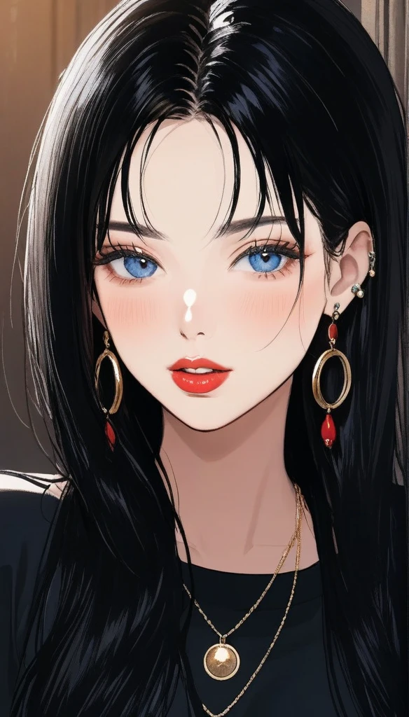 Hot sexy beautiful women biting lower lip, detailed lips , detailed blue eyes, big heavy long circle jhumka earrings , alluring face, necklace , detailed red lipstick ,black hair, blush , makeup ,blunt hair ,lips ring,ear piercing,