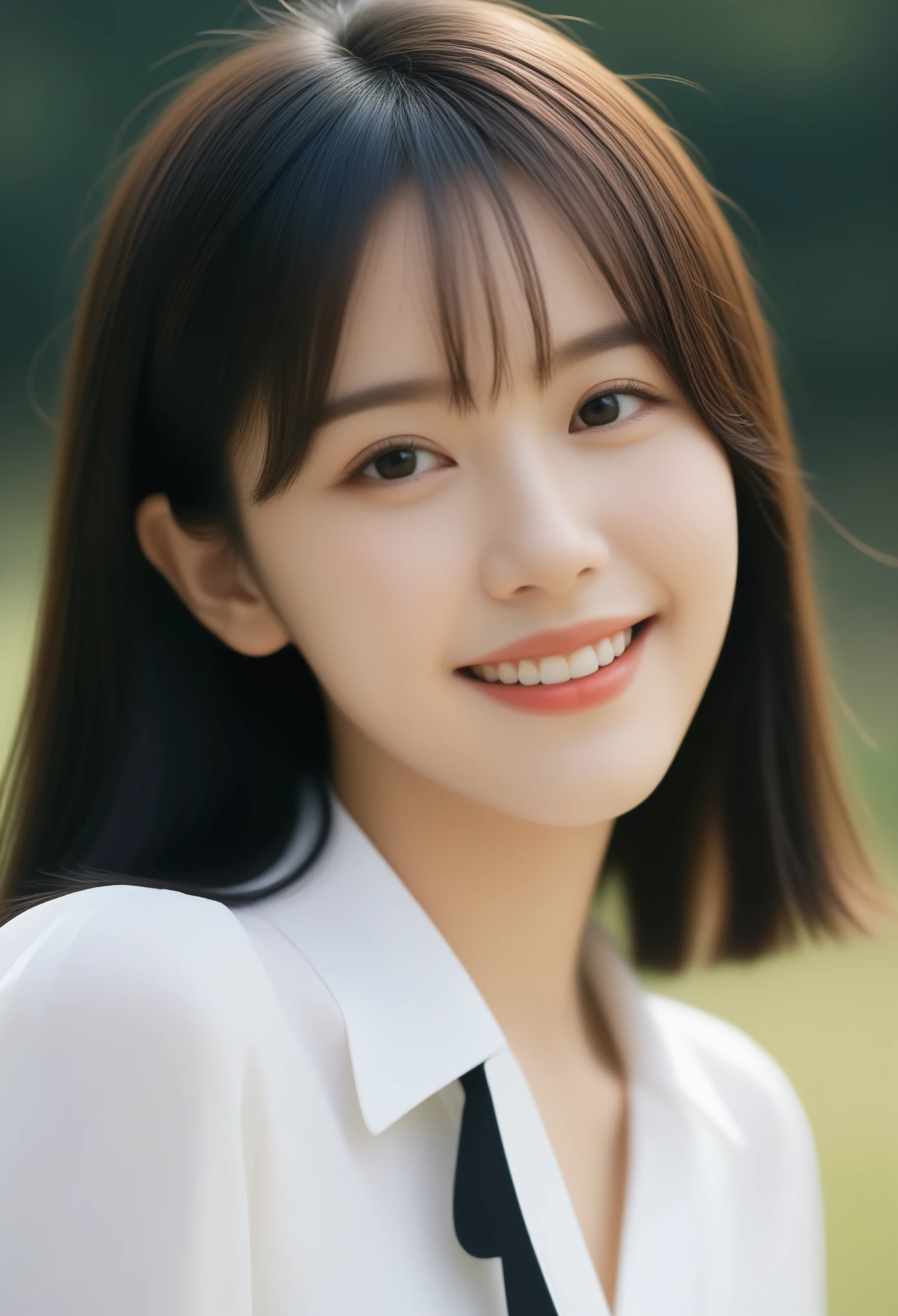 8K, Ultra-high resolution, Highest quality, masterpiece, 三分割法によるphotograph,Surreal, photograph, 1 girl, (16 years old:1.3), pretty girl, Cute face, Beautiful eyes in every detail, 細かくdetailedに,masterpiece,, One Girl:1.2, Japan Female Announcer,whole body、Black Hair、well-groomed eyebrows、Cute Lip Makeup,garden,squirt,summer,Sparkling sunlight,Blouse with collar,Pencil Skirt,Cute gestures、so beautiful,A carefree smile,Healing the heart,blunt bangs,Looking at the audience、beauty,Long neck、Laugh a little、Please close your mouth and laugh、(((Ideal body type))),A-cup small breasts :2,、Portraiture:2、Perfect Anatomy、鮮明なdetailed、detailed、Surreal、Light and shadow,Strong light
