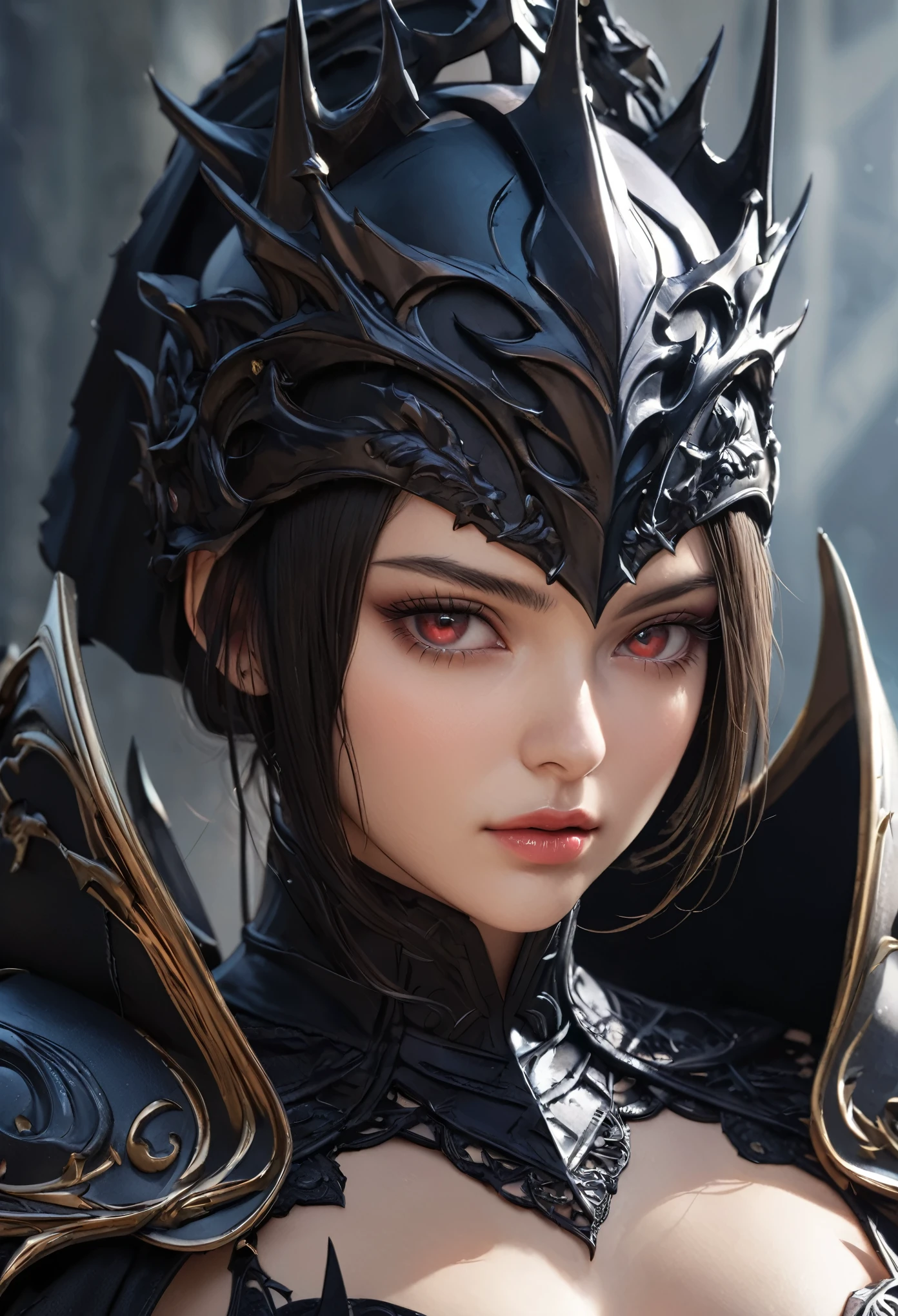 (best quality,4k,8k,highres,masterpiece:1.2), ultra-detailed, (realistic,photorealistic,photo-realistic:1.37),(Numerous award-winning masterpieces, incredibly detailed and textured, maximal resolution and clarity), (Hyper-realistic:1.4), (Realistic:1.3), Imagine a formidable female knight, her presence both terrifying and mesmerizing, inspired by the sinister beauty of a black rose. Her appearance exudes an aura of dark elegance and unyielding strength, a true embodiment of the deadly flower she represents.
Her armor is a masterpiece of gothic design, crafted from dark, obsidian-like metal that gleams with a menacing sheen. The armor is intricately detailed with swirling patterns that mimic the delicate petals of a rose, each curve and flourish adding to the aura of dark beauty. The pauldrons are adorned with sharp, thorn-like protrusions, giving her an intimidating silhouette and ensuring that her enemies are kept at bay.
Her helmet, designed to resemble a blooming black rose, features a faceplate that reveals piercing eyes the color of midnight, filled with a cold, calculating intensity. The helmet’s petals seem to unfurl around her head, creating an almost crown-like effect that signifies her regal yet fearsome nature.