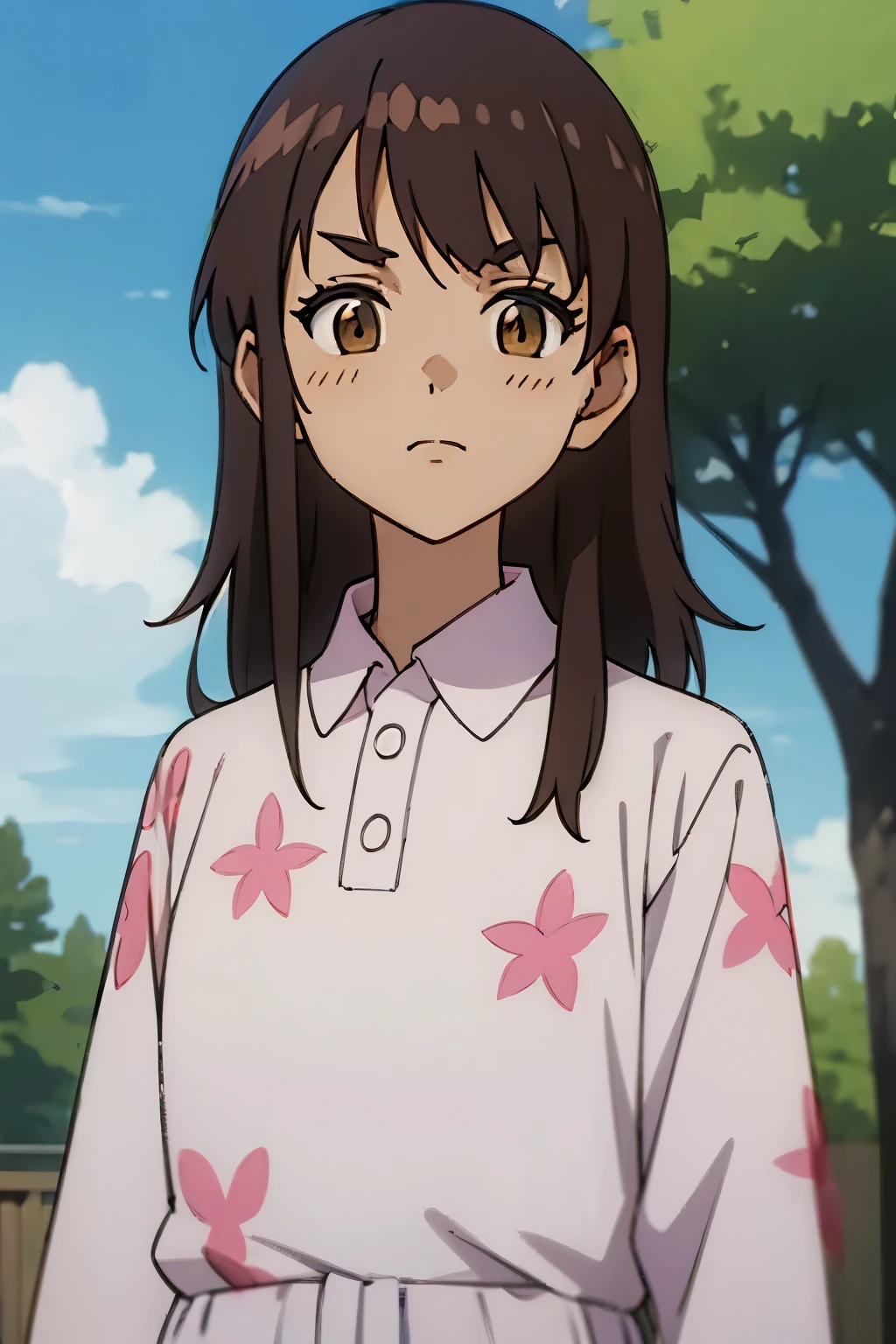(masterpiece, best quality:1.2), 1girl, yumiko koizumi, asymmetrical bangs, bangs, black hair, blue sky, brown eyes, brown hair, cloud, cloudy sky, dress, eyebrows visible through hair, floral print, long hair, long sleeves, looking at viewer, outdoors, shirt, sky, tree, upper body, white shirt