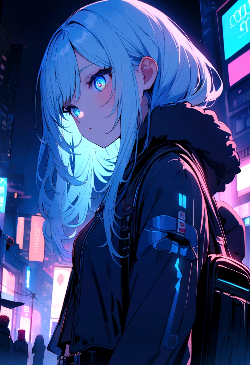 (masterpiece), (Highest quality), Ultra-high resolution, Sharp focus, ((1 female, alone)), whole body, Cyberpunk Theme,Small breasts, Beautiful detailed hair, Light blue hair, long hair hangs down, Beautifully detailed face, ((Beautifully shaped eyes, blue eyes)), Perfect feminine face, View your audience, Feminine navy blue cyberpunk outfit,refined armor, Brightly colored city neon lights, (At night:1.2),Large backpack,shout out loud