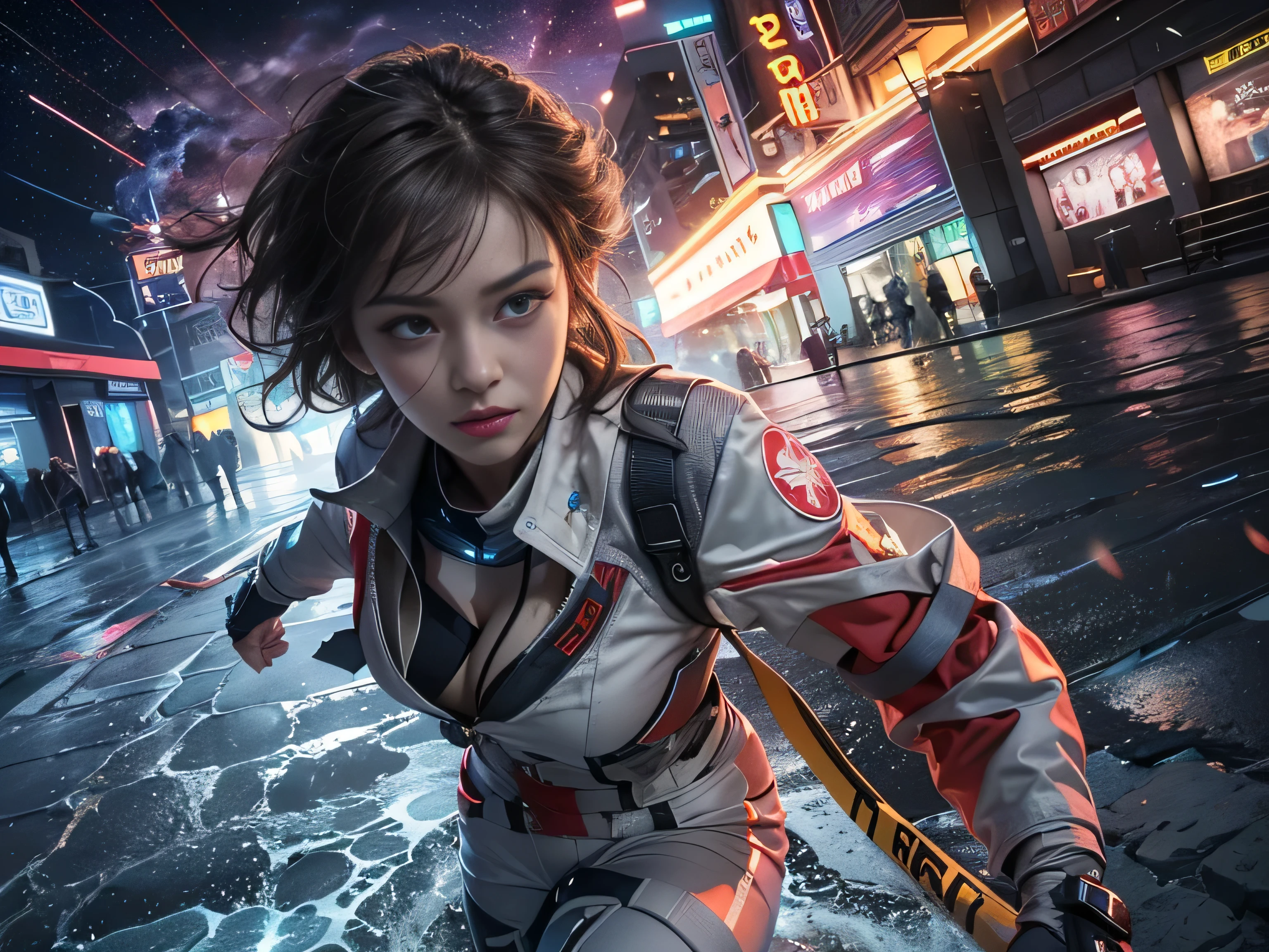 (RAW quality:1.4), Best image quality, Cinema Lighting, Octane Rendering, Ultra Sharp, 1 girl, Japanese, Troubled face, Glowing Skin, Detained fugitives, (Running at full speed:1.4), Brown Hair, Shortcuts, All-white pilot suit:1.3, Cleavage, cyber punk, A night sky filled with countless twinkling stars, Shining Milky Way, heavy rain:1.3, What&#39;s left behind, Laser beam attack, Big Explosion:1.3, Pillar of Fire:1.2, City in flames, flood, Wet Hair:1.5, Wet Skin:1.5, puddle, Fine Eyes, Fine skin, Camel Toe, Intensely detailed image quality, (Photo taken with an 8mm fisheye lens:1.4), Angle looking up from below:1.2, (Full-body photo), Soaking wet, The shutter speed is fast,