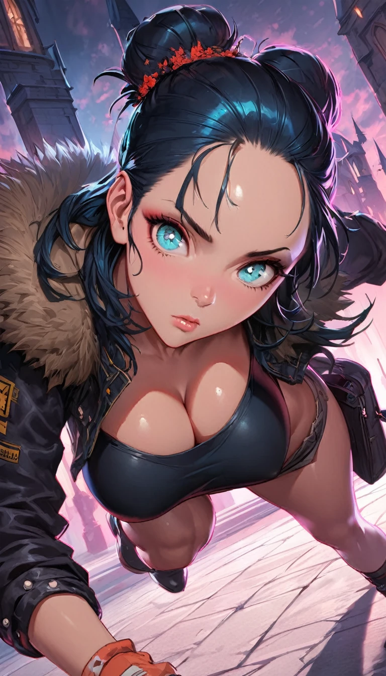 best quality,4k,8k,highres,masterpiece:1.2),ultra-detailed, extremely detailed eyes, extremely detailed body, (large masterpiece digital art), (detailed manga illustration), (detailed line art), ((perfect anatomy)), (intricate details:1.3), (ultra-detailed:1.3), (illustration:1.3), (sharp focus:1.3), (natural lighting:1.05), (vivid colors:1.3), (masterpiece), expressive eyes, perfect face, 1 girl, breasts, cleavage, gloves, large breasts, casual clothes, white shirt, tee shirt, denim jacket, jacket, {blue hair}, medium hair, wavy hair, (gray eyes), black denim shorts, shorts, dynamic pose, Huge ass, curvy, fur trim, hair bun, black ankle boots, cinematic lighting, heroic atmosphere, Beautiful woman, Atey Ghailan, Jeremy Mann, Greg Manchess, Antonio Moro, trend in ArtStation, trend in CGSociety, Intricate, High Detail, Sharp focus, dramatic and photorealistic painting art by Midjourney and Greg Rutkowski, Marvel Cinematic Universe style, (((mystical gothic castle in the background))),