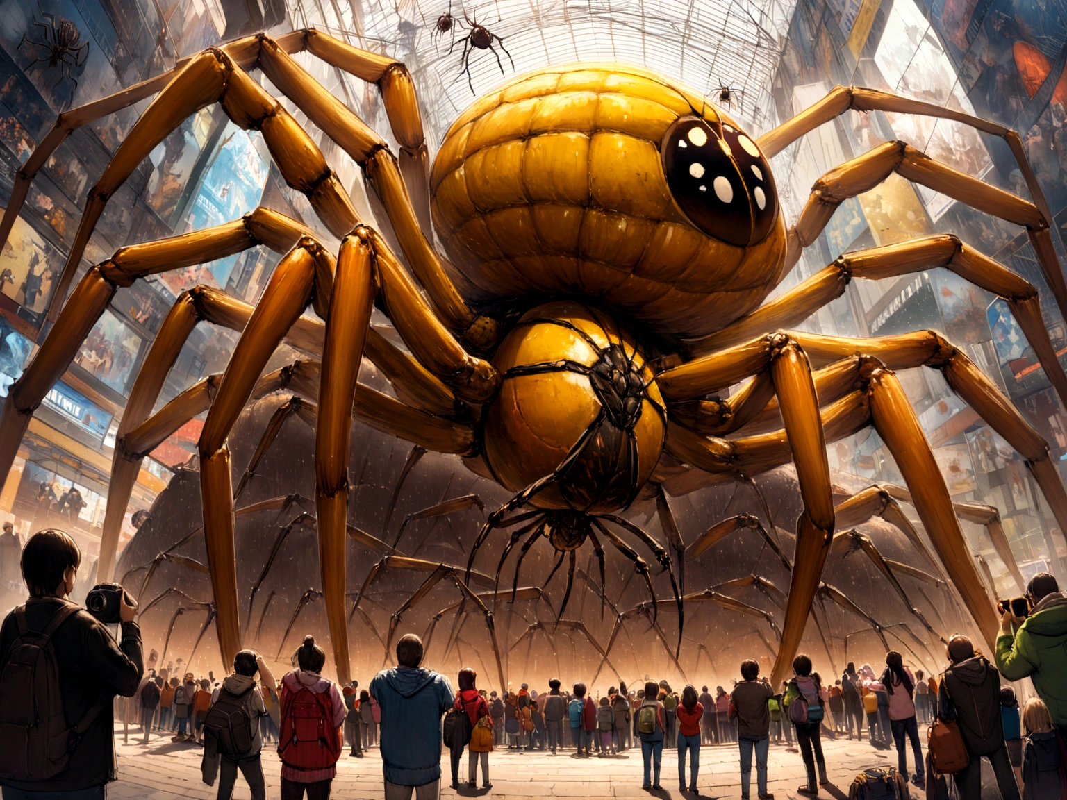 people are taking pictures of a large sculpture of a Spider, giant Spider foreground, giant Spider, an ugly giant Spider, big Spider, Giant golden nuclear hornet, Dismantling, Spider, Over the shoulder shot, advertisement, Over the shoulder shot, 5 metre tall creature, Shot with a 2000s camera, Giant insects, Mothership of a giant ladybug