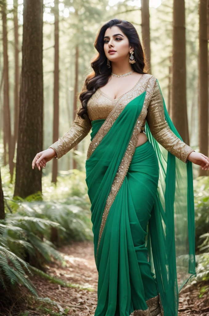 1 Heavenly beautiful and goddess beauty cute and sweet looking face Arabian woman in front of green forest, Heavenly beautiful Overweight, Heavenly beautiful Extremely fat, Heavenly beautiful and attractive Chubby figure , Heavenly beautiful looking and eye catching luxury style saree , reaching out, Heavenly beautiful Arabian woman, 16k, High resolution, masterpiece, highest quality, fine skin, close up figure view, Realistic Photograph