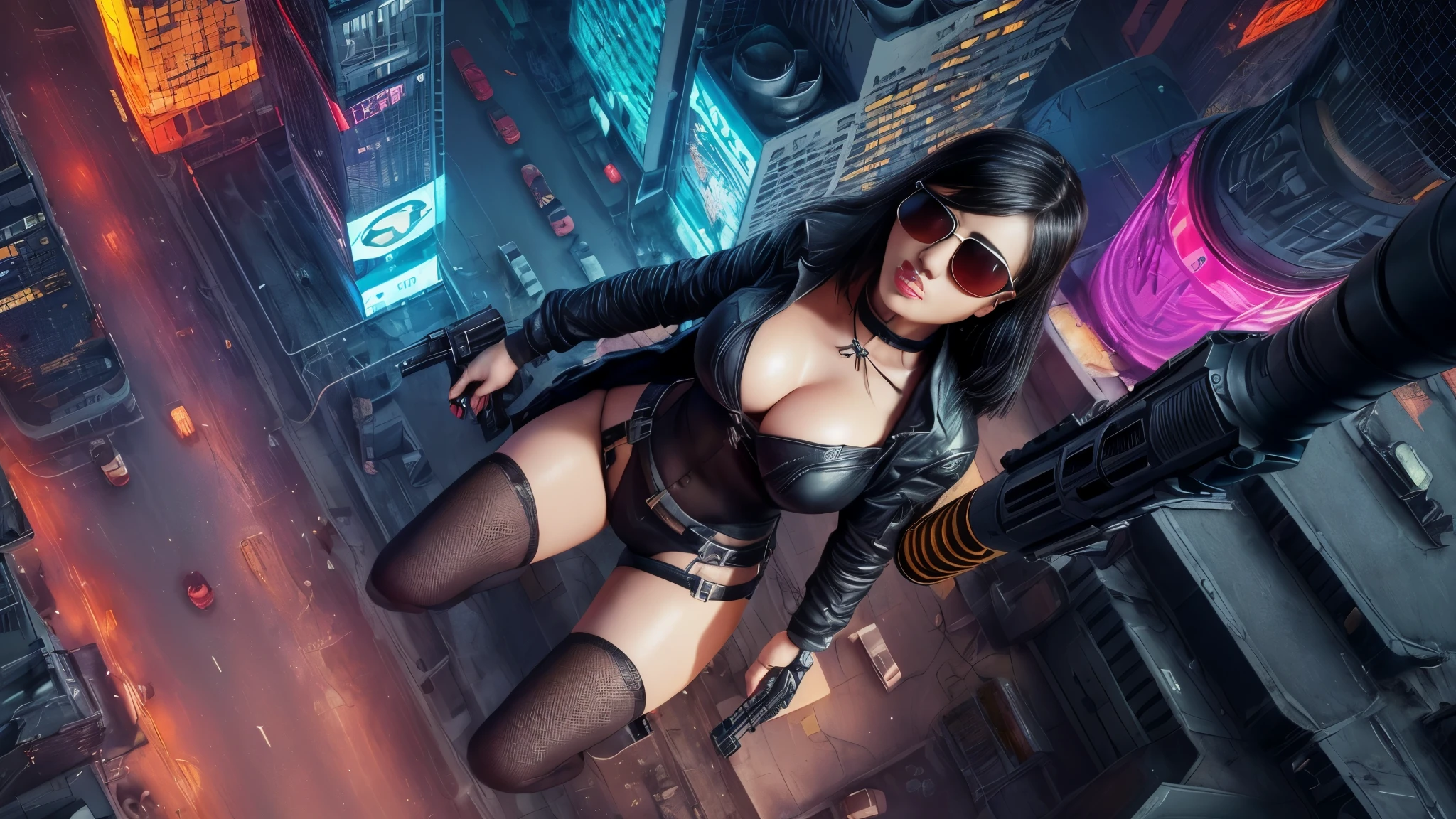 (((at night))), FPS gaming screen view, rooftop, (((high angle view))) of cyberpunk city, neon light hologram buildings, unreal engine 5 rendering, (((1Girl, solo))), large breasts, Chest exposed, breast cleavage, wide open ass, slim waist, dynamic seductive pose, ((masterpiece:1.2)), top-quality, official art, detailed CG Unity 8K Wallpapers, artbook, Expressive Hues, Vibrant Palette, B deficiency and white clothes, (((matrix style black micro sunglasses))), (((((aiming with a short gun))))), (((looking at camera))), (((very low view))), (((((thigh level medium:1.1 shot))))).
