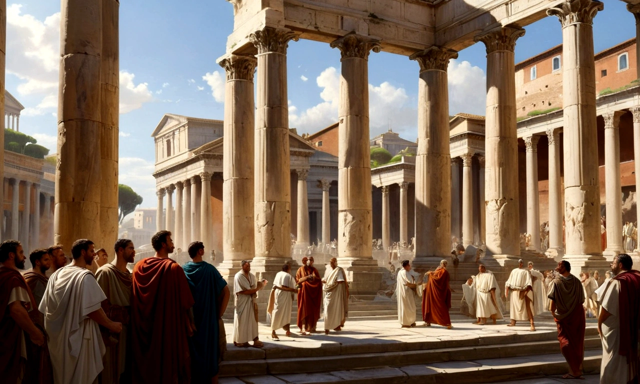 The painting depicts a vibrant scene in ancient Rome, with senators dressed in white robes arguing intensely under grand marble columns. Sunlight bathes the forum stairs, highlighting the imposing architecture and expressive faces of the speakers. Men in the background watch attentively, while the tension of the scene suggests fervent debates about the future of the Republic. The figures' clothing and posture capture the grandeur and gravity of the historical moment..