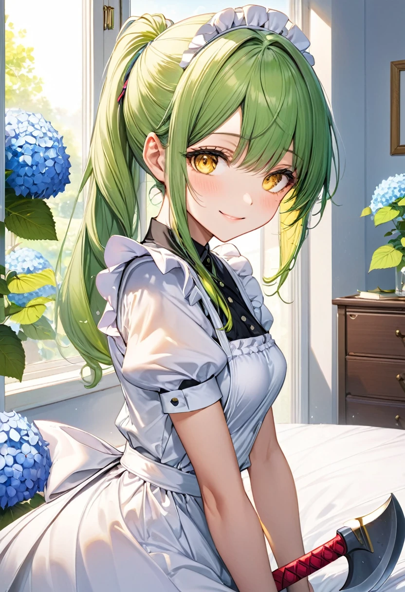 (close up face) (15 yo, solo ponytail green hair long hair divine axe fighter girl, cute cool yellow eyes, love smile, medium tits), (in a summer maid clothes), break, (in the simple bedroom, background Through the window, out side A cluster of hydrangeas), BREAK, perfect anatomy, masterpiece, best quality, 16k, beautiful detailed grow, daydreaming expression.