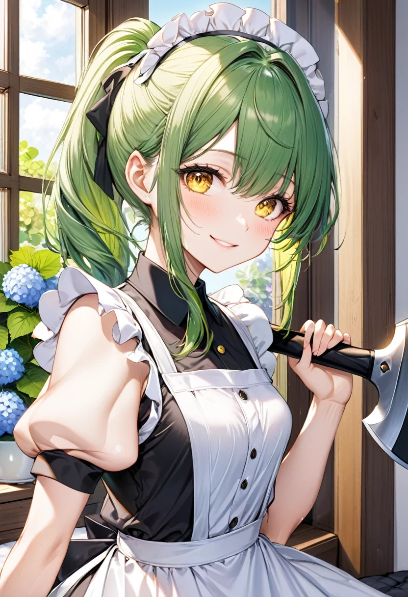 (close up face) (15 yo, solo ponytail green hair long hair divine axe fighter girl, cute cool yellow eyes, love smile, medium tits), (in a summer maid clothes), break, (in the simple bedroom, background Through the window, out side A cluster of hydrangeas), BREAK, perfect ???????, masterpiece, best quality, 16k, beautiful detailed grow, daydreaming expression.