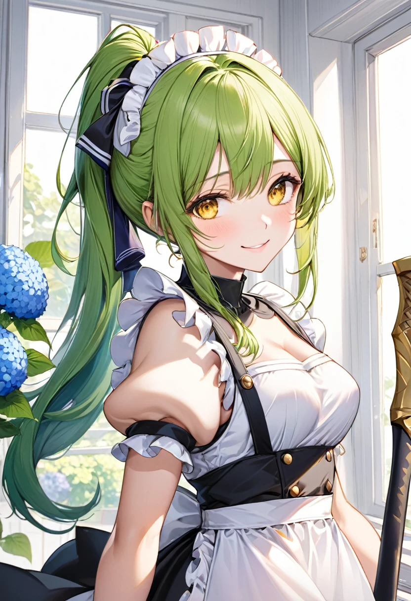(close up face) (15 yo, solo ponytail green hair long hair divine axe fighter girl, cute cool yellow eyes, love smile, medium tits), (in a summer maid clothes), break, (in the simple bedroom, background Through the window, out side A cluster of hydrangeas), BREAK, perfect anatomy, masterpiece, best quality, 16k, beautiful detailed grow, daydreaming expression.