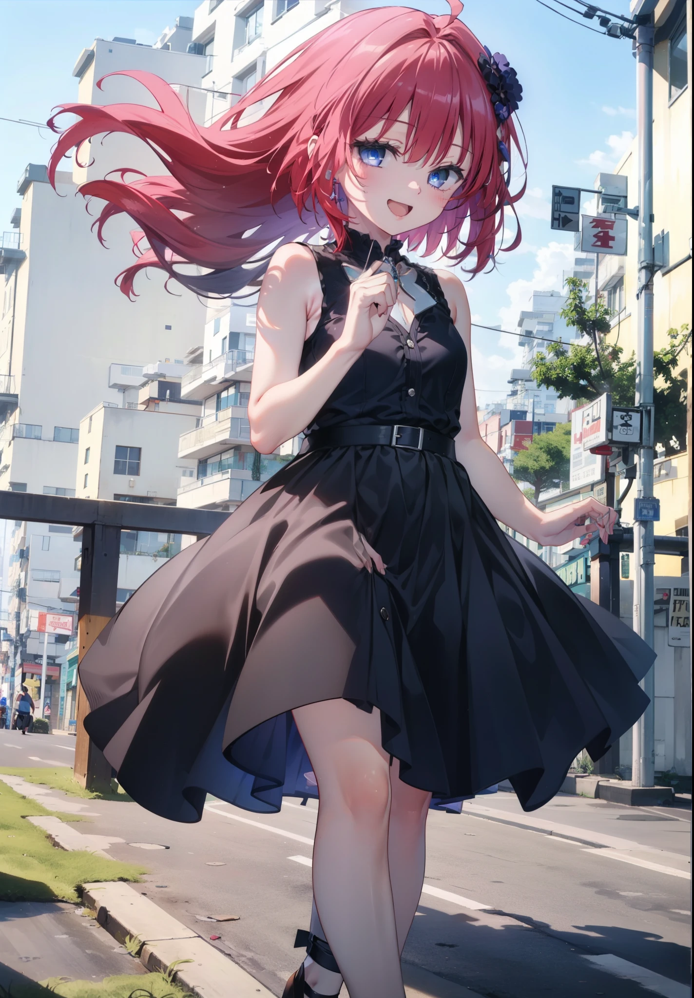 (masterpiece, Highest quality:1.2),shape,8K,High resolution,Say something happy smile, smile, Open your mouth,,Redhead,Long Hair,Purple eyes,1 Girl,sleeveless black dress,Bare arms,Black long skirt,Cute Sandals,walking,Daytime,Clear skies,
break looking at viewer,whole body,
break outdoors, Coastal Road,
break (masterpiece:1.2), Highest quality, High resolution, ユニティ 8K 壁紙, (shape:0.8), (Beautiful and beautiful eyes:1.6), Highly detailed face, Perfect lighting, Highly detailed CG, (Perfect hands, Perfect Anatomy),