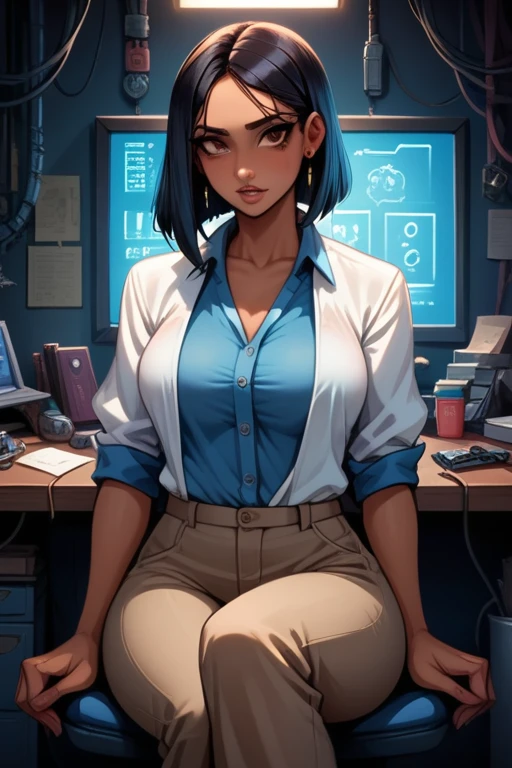 tall woman(brown eyes; long straight black hair; large breasts; olive skin tone), Disney-style cgi, business casual attire; indoor high-tech office; futuristic; dystopian; cyberpunk; best quality; trending on artstation; complex volumetric lighting; weeping in absolute despair