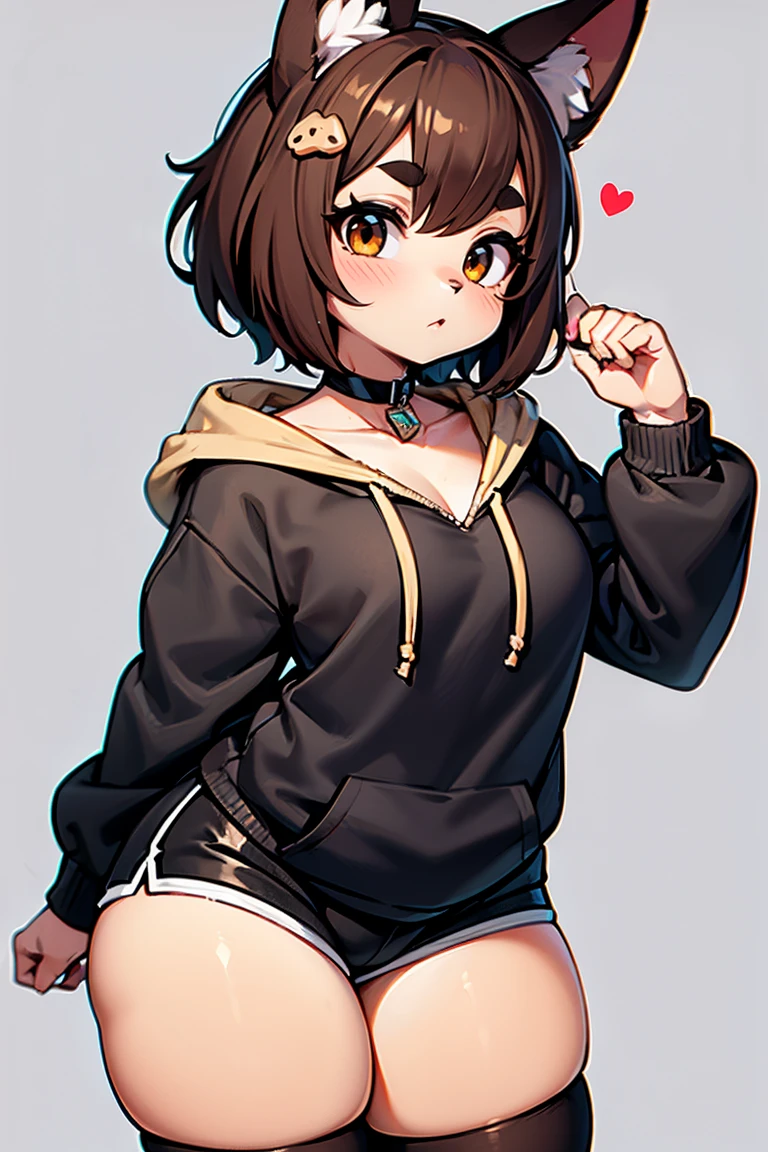 mimi, dog girl, latte color fur, short hair, choker, black sweatshirt, dolphin_shorts, hoodie, hood, thighhighs, hood down, choker, 1girl, black choker, solo, shorts, brown hair, black hoodie, thick thighs, drawstring, brown eyes, black legwear, simple background, white background, black shorts, animal ears, short shorts, hooded jacket, hair ornament, thighs, thick eyebrows, medium hair, cowboy shot, dog ears, brown hoodie, light brown short, latte skin color, dynamic pose, dynamic angle