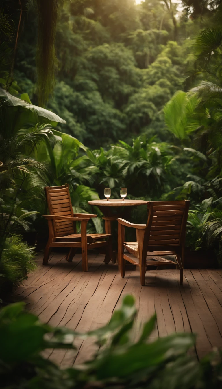 “A cozy wooden terrace in a jungle setting with two chairs and a table, surrounded by lush greenery.”