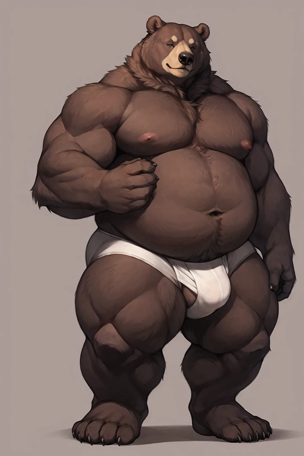 Alone, the second (Obese bear kemono), male, adult, Obese, naked torso, simple background, ultra detailed, pose natural, (well-built:1.3), (voluminous:1.3) bodybuilder, standing, by honovy, Por ROV, correct hands, manly, underwear, White briefs, bulk