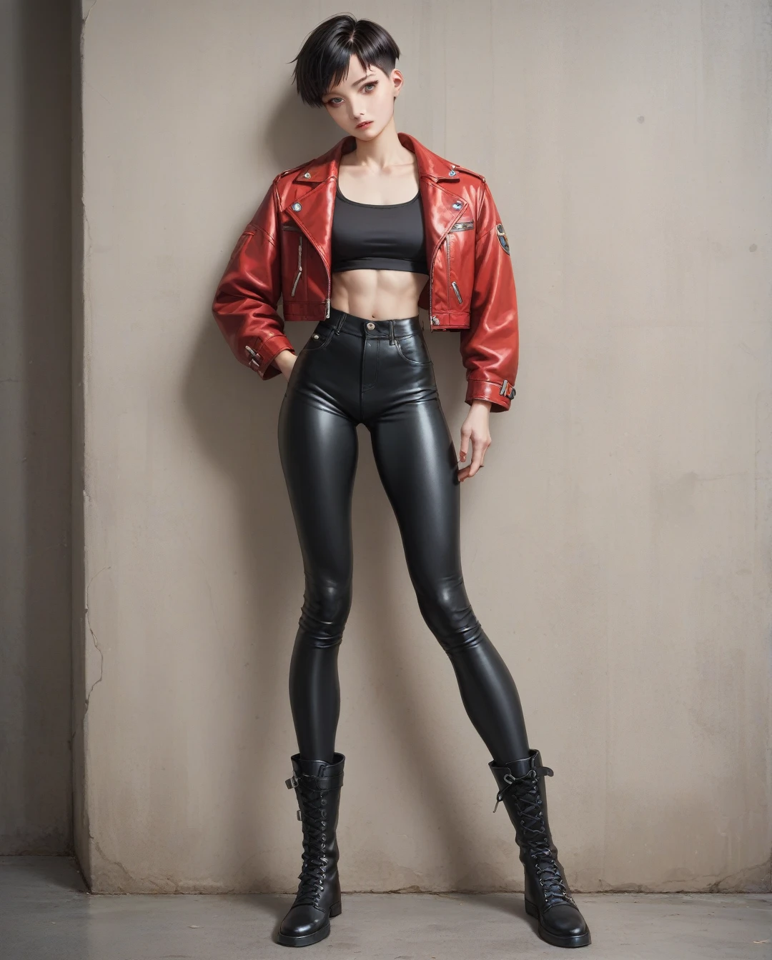 amano yoshitaka, a full-body, high-resolution anime style of A woman with black pixie cut hair, dressed in black tights, black boots, black crop top, and red leather jacket
