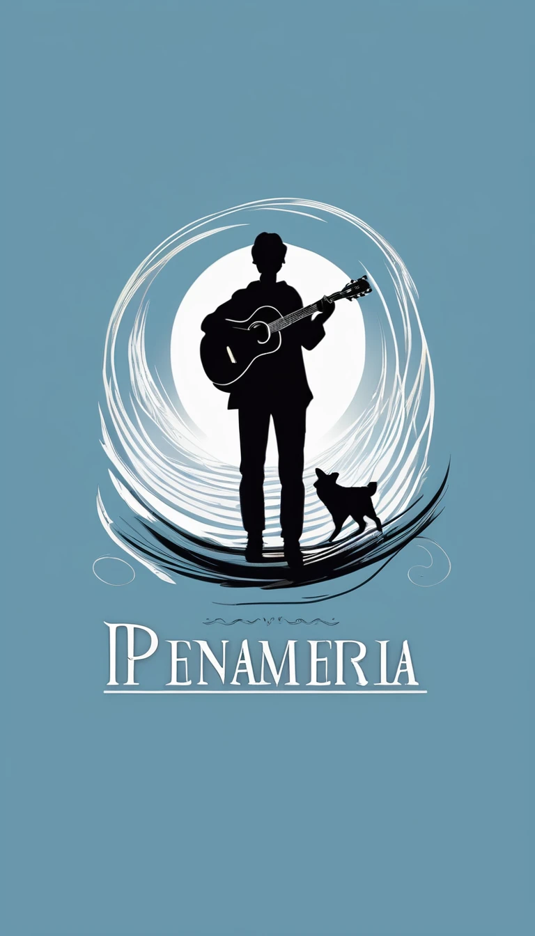 A minimal, modern, simple, cinematic logo design for the brand “Penamemoria". The logo design must be a simple, silhouette of a boy, standing up, playing acoustic guitar and fantasy feather by his side. The logo must convey a sense of music, stories, memories and dreams. Logo design impressed on a book cover. Minimalistic logo. Light blue, white and soft golden as colors for the logo design