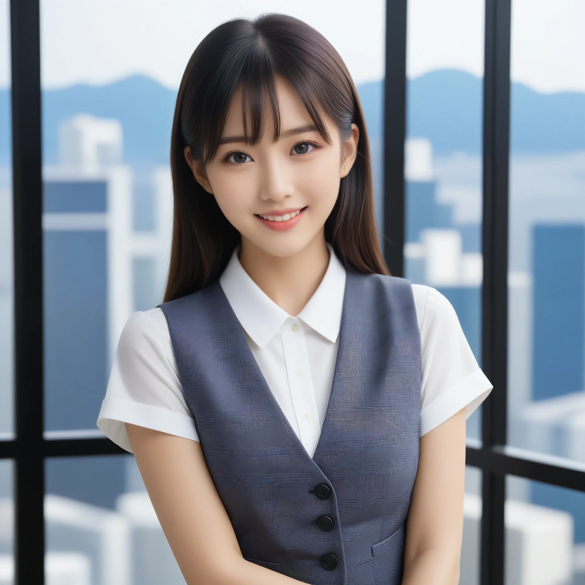 8K, Ultra-high resolution, Highest quality, masterpiece, 三分割法によるphotograph,Surreal, photograph, 1 girl, (16 years old:1.3), pretty girl, Cute face, Beautiful eyes in every detail, 細かくdetailedに,masterpiece,, One Girl:1.2, Japan Female Announcer,whole body、Black Hair、well-groomed eyebrows、Cute Lip Makeup,1 Woman Standing, office worker, (White and grey checked vest:1.2) (Navy pencil skirt) , (Modern office indoors), Cityscape of windows, detailedな背景,Cute gestures、so beautiful,A carefree smile,Healing the heart,blunt bangs,Looking at the audience、beauty,Long neck、Laugh a little、Please close your mouth and laugh、(((Ideal body type))),A-cup small breasts :2,、Portraiture:2、Perfect Anatomy、鮮明なdetailed、detailed、Surreal、Light and shadow,Strong light
