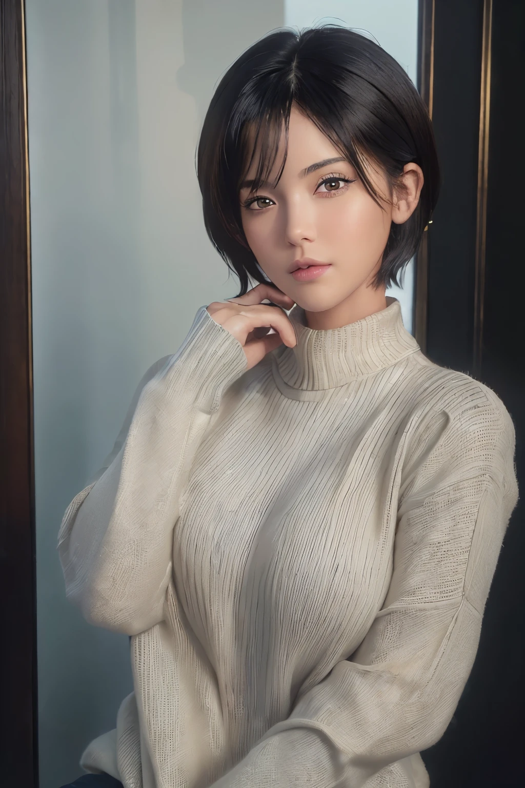 (masterpiece:1.3), (8k, photorealistic, RAW photo, best quality: 1.4), (1girl), beautiful face, (realistic face), (black hair, short hair:1.3), beautiful hairstyle, realistic eyes, beautiful detailed eyes, (realistic skin), beautiful skin, (sweater), absurdres, attractive, ultra high res, ultra realistic, highly detailed, golden ratio