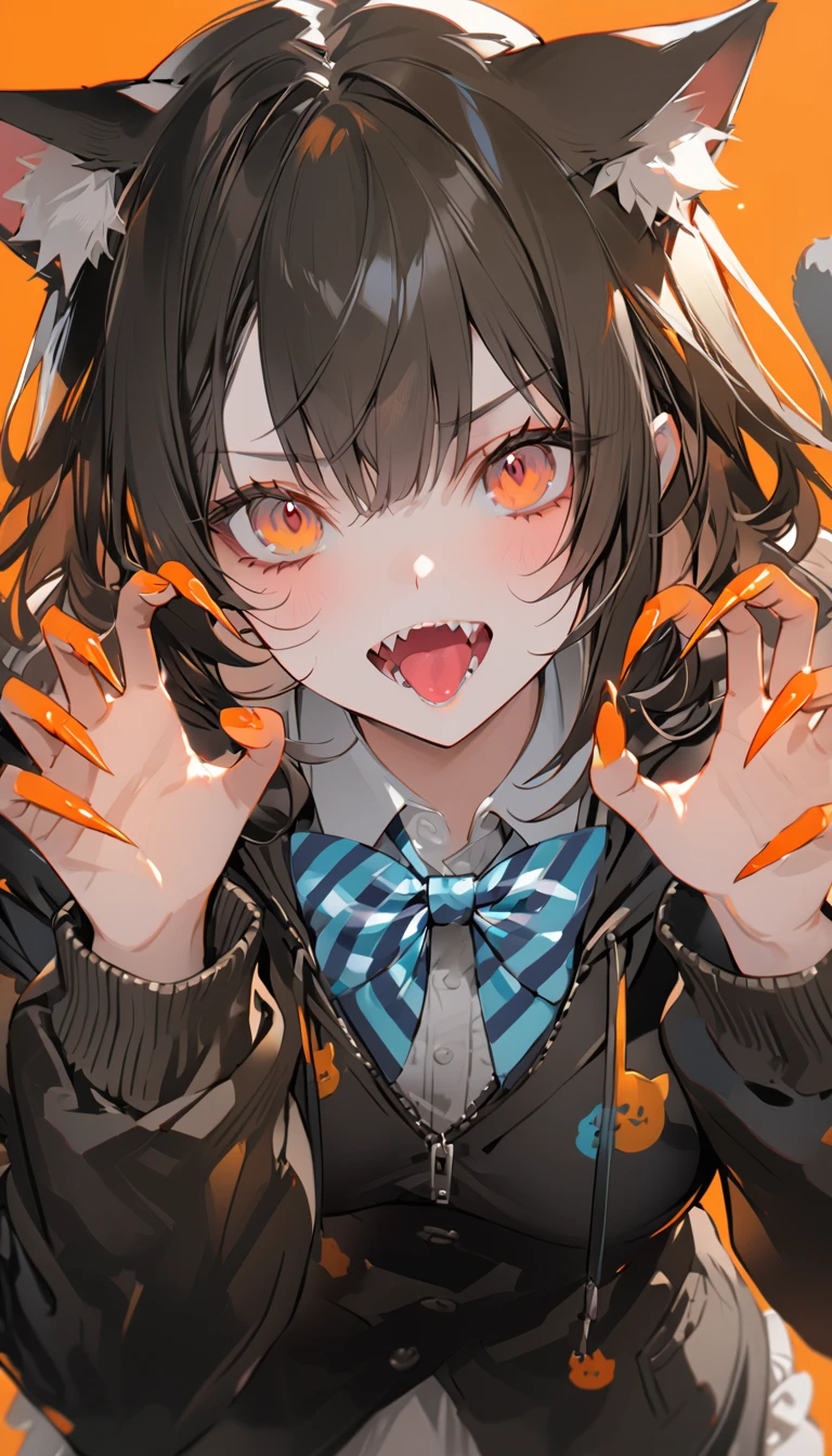 masterpiece, top quality, 1girl, solo, animal ears, bow, teeth, jacket, tail, open mouth, brown hair, orange background, bow tie, orange claws, simple background, cat ears, orange eyes, blue bow, animal ear fluff, cat tail, watch viewer, upper body, shirt, hood, striped bow, striped, white shirt, black jacket, blue bow tie, claws, long sleeves, cat girl, bangs, Fangs, Collared Shirt, Striped Bow Tie, Short Hair, Tongue, Hoodie, Sharp Teeth, Claw Pose