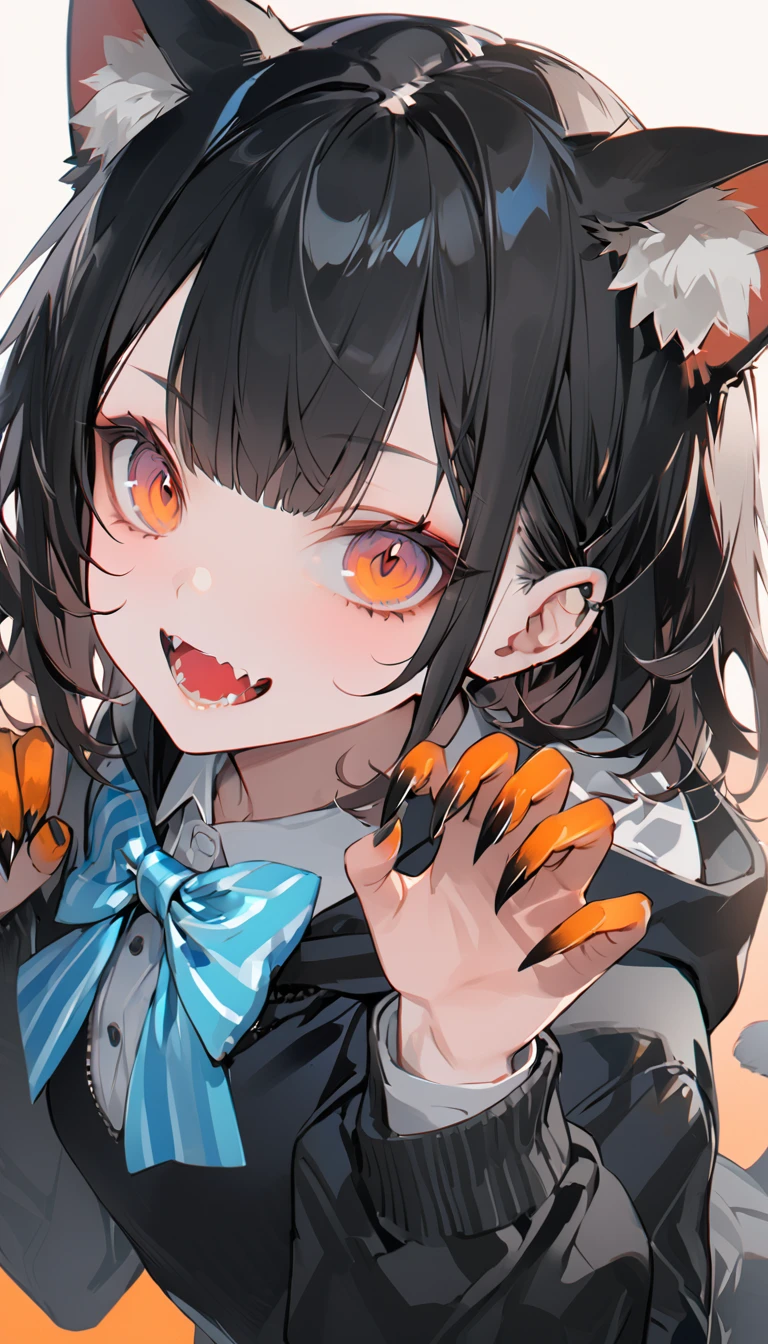 masterpiece, top quality, 1girl, solo, animal ears, bow, teeth, jacket, tail, open mouth, brown hair, orange background, bow tie, orange claws, simple background, cat ears, orange eyes, blue bow, animal ear fluff, cat tail, watch viewer, upper body, shirt, hood, striped bow, striped, white shirt, black jacket, blue bow tie, claws, long sleeves, cat girl, bangs, Fangs, Collared Shirt, Striped Bow Tie, Short Hair, Tongue, Hoodie, Sharp Teeth, Claw Pose