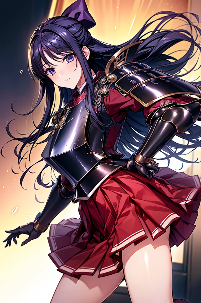 Highest quality、unity 8k wallpaper、32k、masterpiece、Very detailed、Ultra-high resolution、Very detailedな顔、RAW Photos、Professional、Ultra-fine painting、Fine metal texture、High quality fabric、Ryuzoji Akane、Hands on hips、Wearing armor、Pleated skirt、foot armor