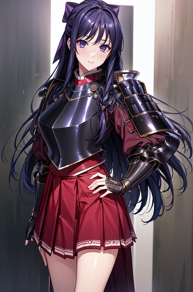 Highest quality、unity 8k wallpaper、32k、masterpiece、Very detailed、Ultra-high resolution、Very detailedな顔、RAW Photos、Professional、Ultra-fine painting、Fine metal texture、High quality fabric、Ryuzoji Akane、Hands on hips、Wearing armor、Pleated skirt、foot armor