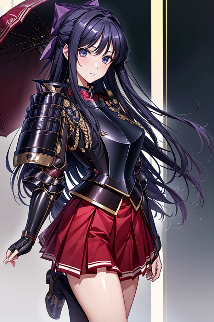 Highest quality、unity 8k wallpaper、32k、masterpiece、Very detailed、Ultra-high resolution、Very detailedな顔、RAW Photos、Professional、Ultra-fine painting、Fine metal texture、High quality fabric、Ryuzoji Akane、Hands on hips、Wearing armor、Pleated skirt、foot armor