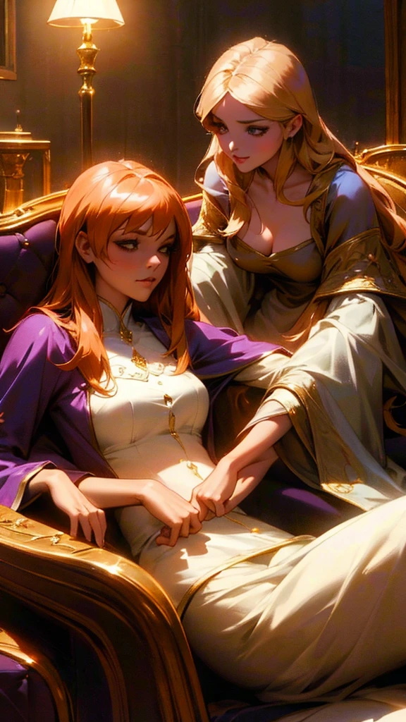 In the enchanting allure of a dimly lit chamber, resplendent with rich tapestries and velvet draperies, two young sorceresses of legal age gracefully lounged on a sumptuously embellished couch. Their captivating eyes, gleaming with a fervent, passionate gaze, mirrored an intense connection between them, a bond that pulsed through the room with a palpable energy. A high-resolution lens shed light on every intricate curve and delicate feature, bathed in a subdued, sensual light (Moody Lighting: 0.8) that cast a dreamy, captivating glow over multiple graceful and sexy