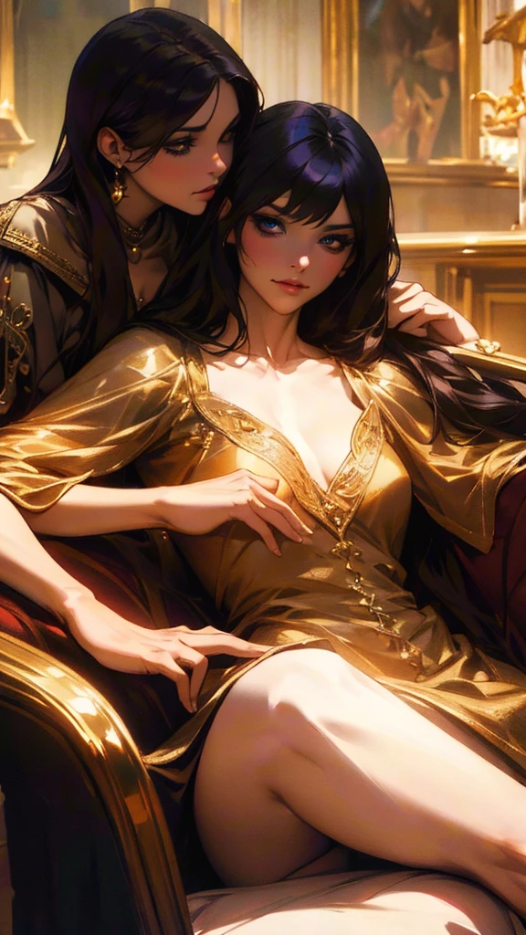 In the enchanting allure of a dimly lit chamber, resplendent with rich tapestries and velvet draperies, two young sorceresses of legal age gracefully lounged on a sumptuously embellished couch. Their captivating eyes, gleaming with a fervent, passionate gaze, mirrored an intense connection between them, a bond that pulsed through the room with a palpable energy. A high-resolution lens shed light on every intricate curve and delicate feature, bathed in a subdued, sensual light (Moody Lighting: 0.8) that cast a dreamy, captivating glow over multiple graceful and sexy