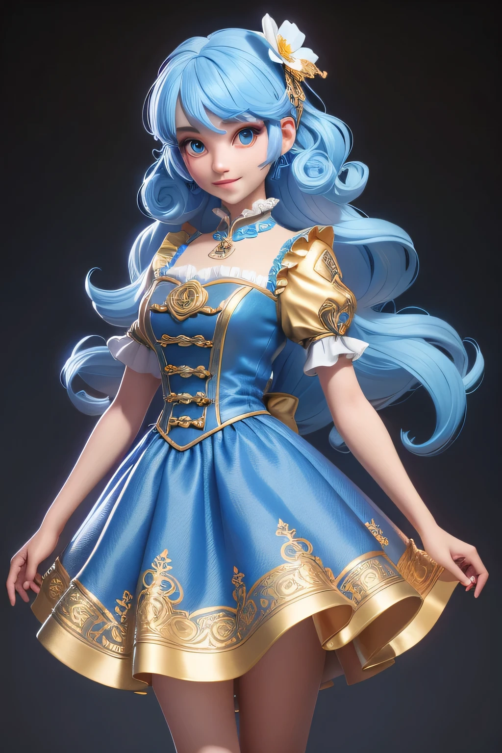 3DMM style, (Masterpiece artwork, best qualityer), details Intricate, 1girl, solo,  light blue hair , flower hairpin, gold dress looking at the viewer,medium body shot