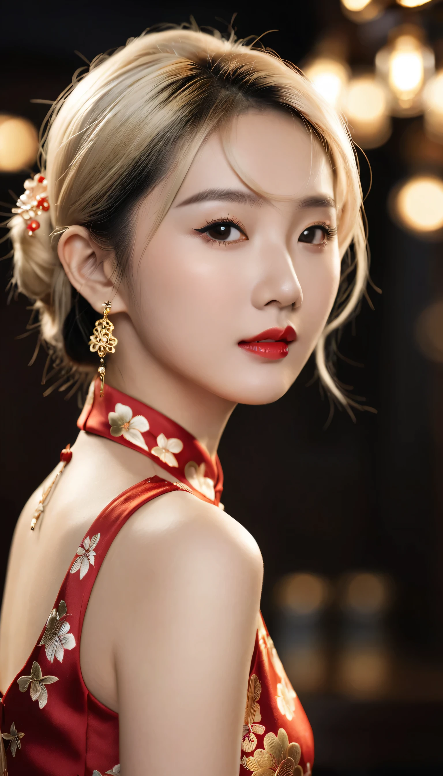 best quality, masterpiece, high resolution, 1 Girl,cheongsam,Hair accessories,necklace, Jewelry,Pretty Face,Above_Body, Tyndall effect,Reality, Dark Studio, Rim Light, Two-tone lighting,(High Detail Skin:1.2), 8K uhd, Digital SLR Camera, Soft lighting, high quality, Volumetric Lighting, frank, photo, high resolution, 4K, 8K, Bokeh, Blonde hair,