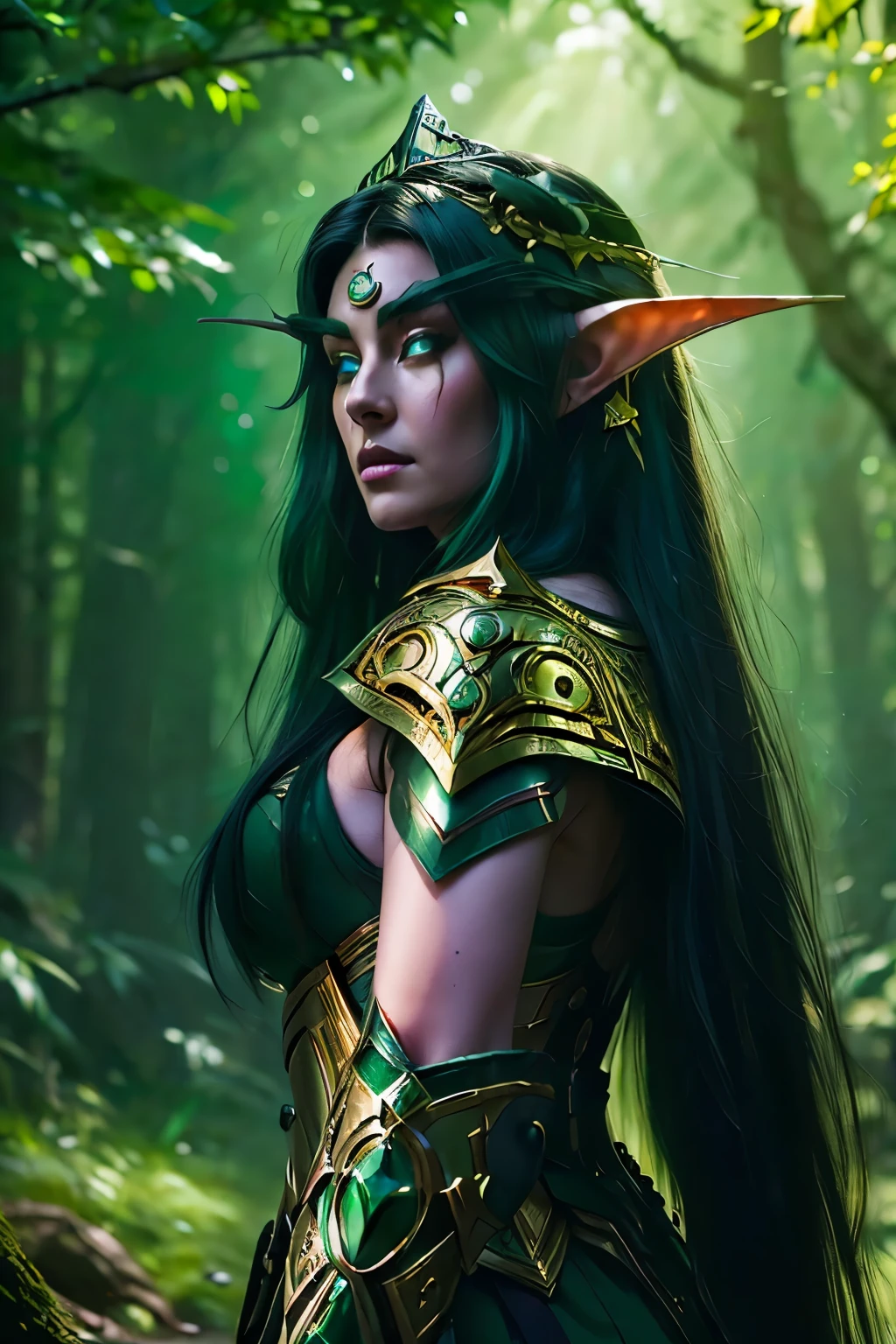 (((Masterpiece, high quality )))), Premium quality, elf, long flowing black hair, green eyes, short battle armor in gold and black detail, large bow on his head gold and emerald green, in a light green forest, butterflies shining, large tree roots ((cinematic light)))