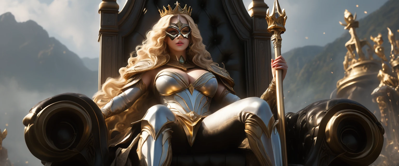 score_9, score_8_up, score_7_up, source_photo, photography, realistic, rating safe, from below, dynamic angle, cinematic angle, ultra detailed, detailed eyes, absurdity, 1girl, elder queen, sitting on Throne of Power, crown, holding scepter, looking at viewer, (oversized body), large breasts, long hair, blonde hair, wavy hair, multiple boys, they are masked, masterpiece, 8k, 