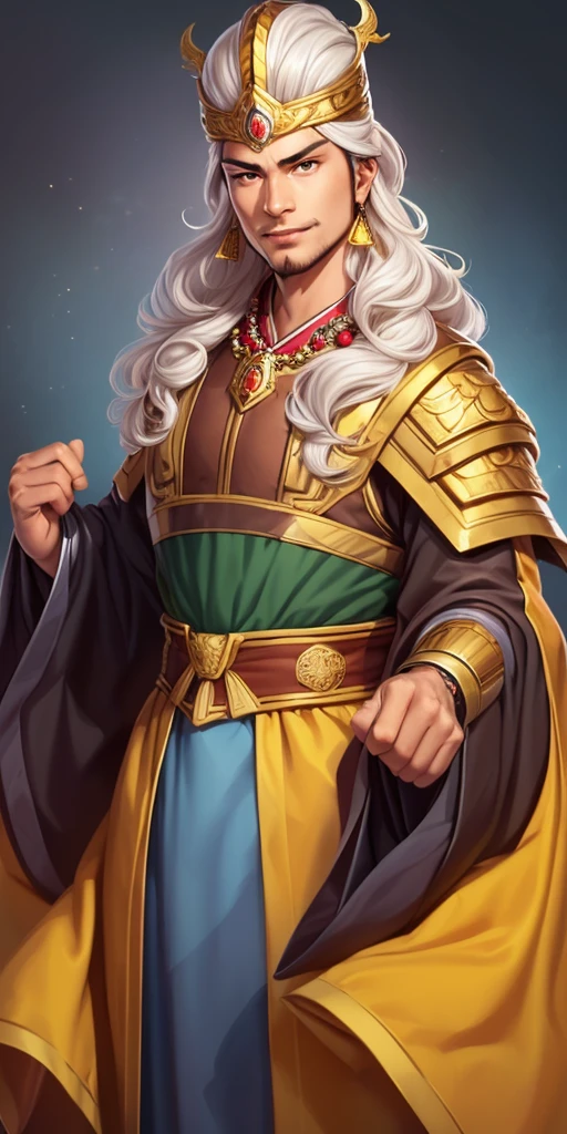 beautiful young man, (platinum hair), ((very long curly hair)), perfect face, innocent smile, stem,(cerulean eyes), (Jan), (small), (delgado), ((21 years old)), skin dentures, extreme detail, charming oval face, glowing skin, detailed hair, face focus, gold studded necklace, Gold earrings, embarrassed expression, Chinese armor