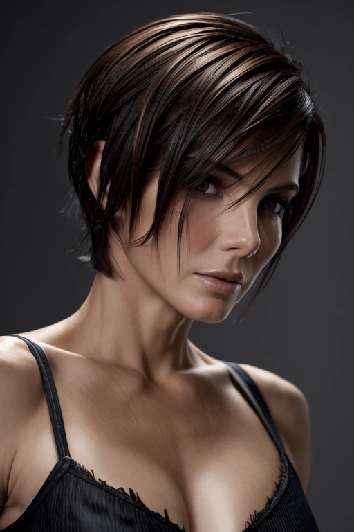 Gorgeous european woman with very short hair, short hair with fringe, wet hair, hair slicked back, combed straight back, slick hair, streaked brown hair, seductive pose, sandra bullock, torn ragged clothes, cleavage, solid dark grey background